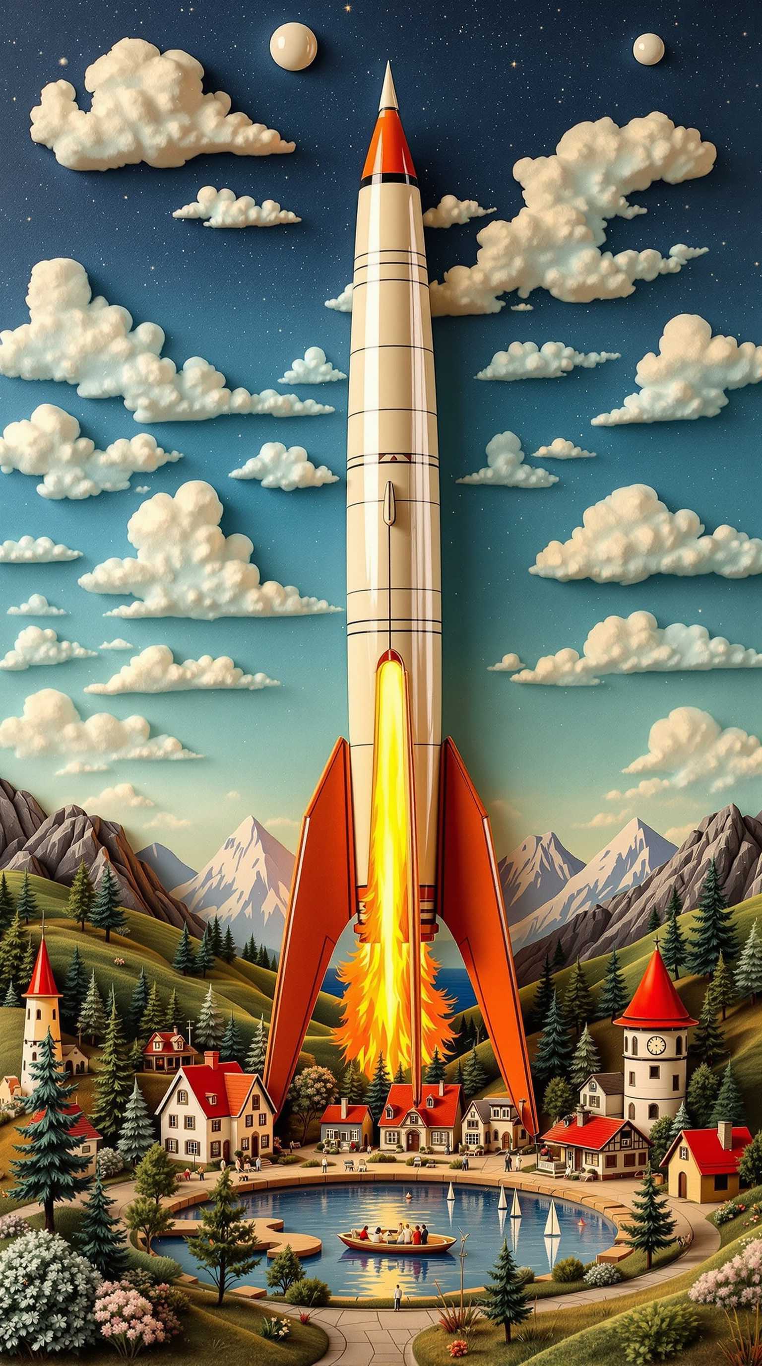 A glossy 3D painted 1950s wooden retro space rocket diorama. The colors in the image are rich and vibrant, with a predominance of blues and grays in the sky, which contrasts with the fiery oranges and yellows of the rockets engines. Quaint houses, village square, lake, hillside, mountains