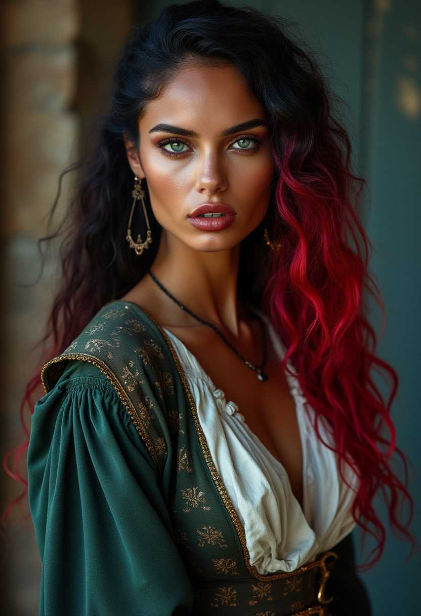 Portrait of a strong woman with a long face and sharp cheekbones, exuding a rude expression. Her almond-shaped eyes are a captivating blend of green and blue, set against her rich brown skin. She has strikingly long, wavy hair that transitions from deep black to vibrant red, accentuating her bold and masculine features. Dressed in authentic 1700s pirate attire, complete with intricate details and textures, she stands in a half-body shot. The composition captures her in a slightly turned pose, with soft, diffused lighting that highlights her commanding presence and the luxurious fabric of her attire. The overall atmosphere is powerful and historic, evoking a sense of adventure on the high seas.