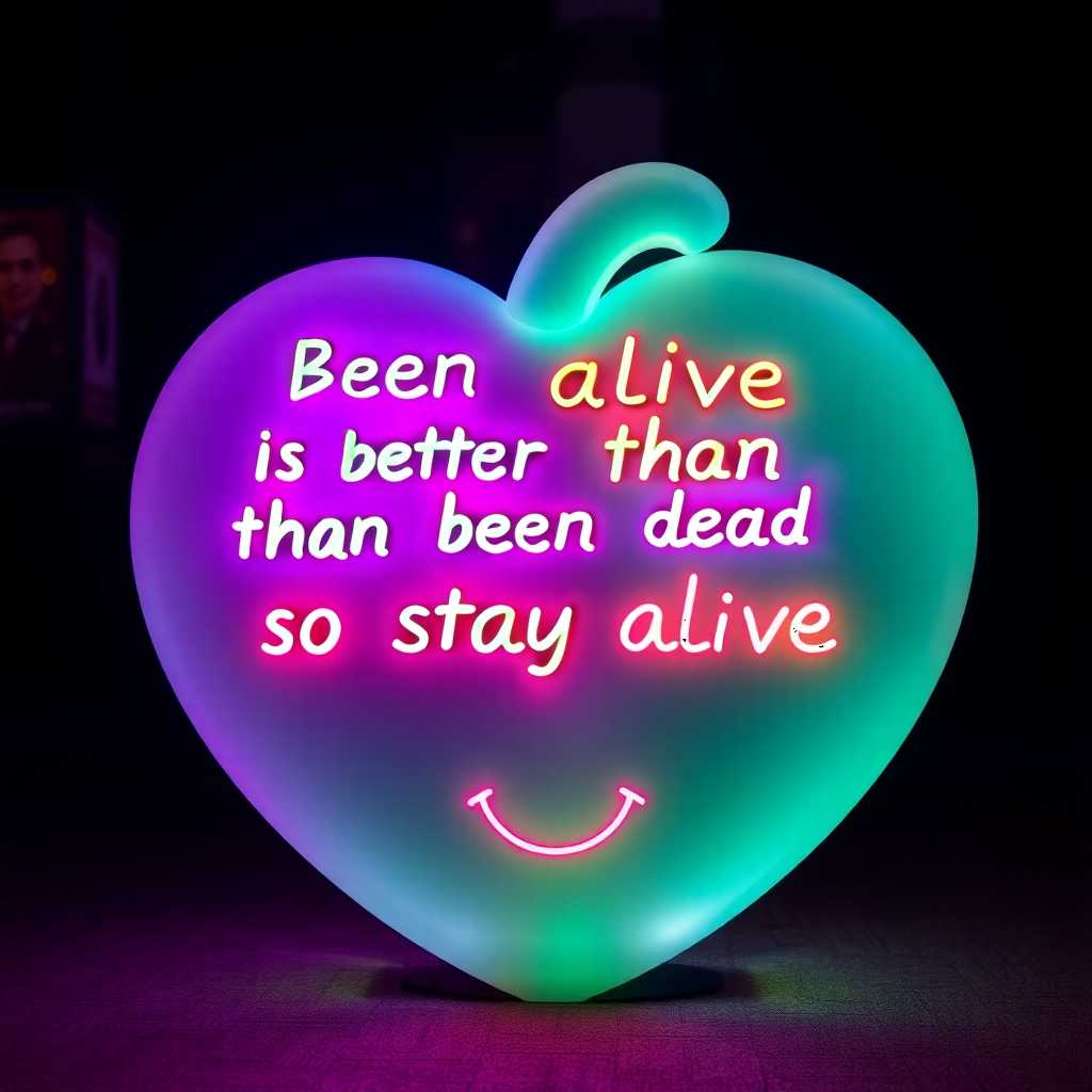  Written with multicolored neon, "Been alive is better than been dead, so stay alive." Put a smiling face at the end.  written on a jade big human heart fire in th background, lighting on the ground