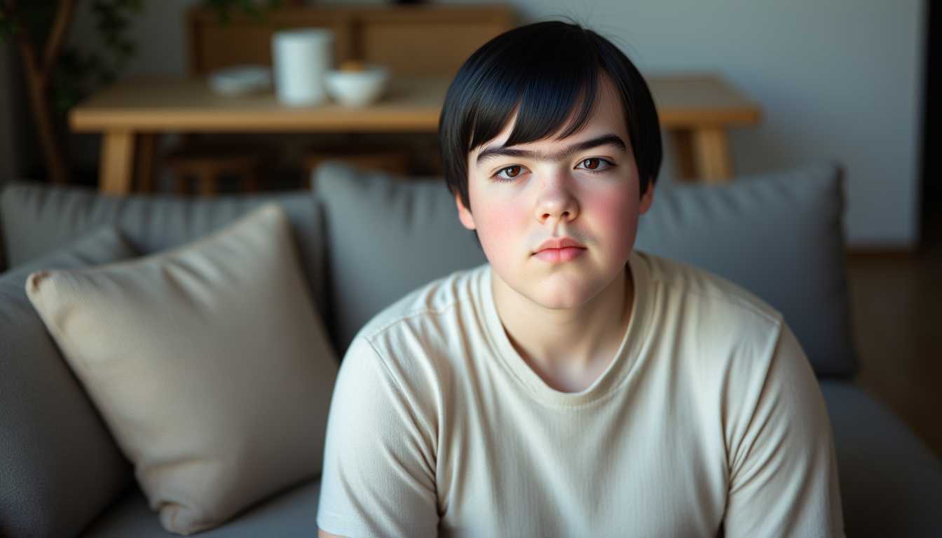 Contemplative Teenager in Casual Clothing, Sitting on Couch with Pillows