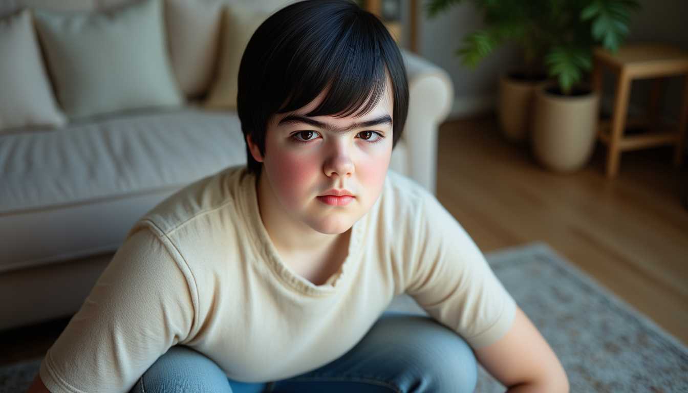 a photo of Stan12 boy, short black hair, hazel eyes, sitting on a sofa in the family room. Stan12 boy is wearing a  cream colored sweater, and denim pants.