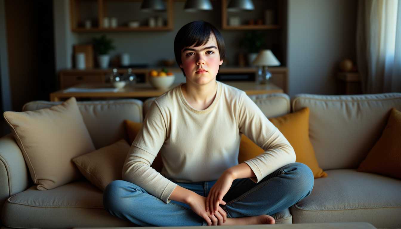 a portrait of Stan12 boy, short black hair, hazel eyes, sitting crossed legs, Indian style, on a sofa in the family room. Stan12 boy is wearing a  cream colored sweater, and denim pants. Cinematic lighting