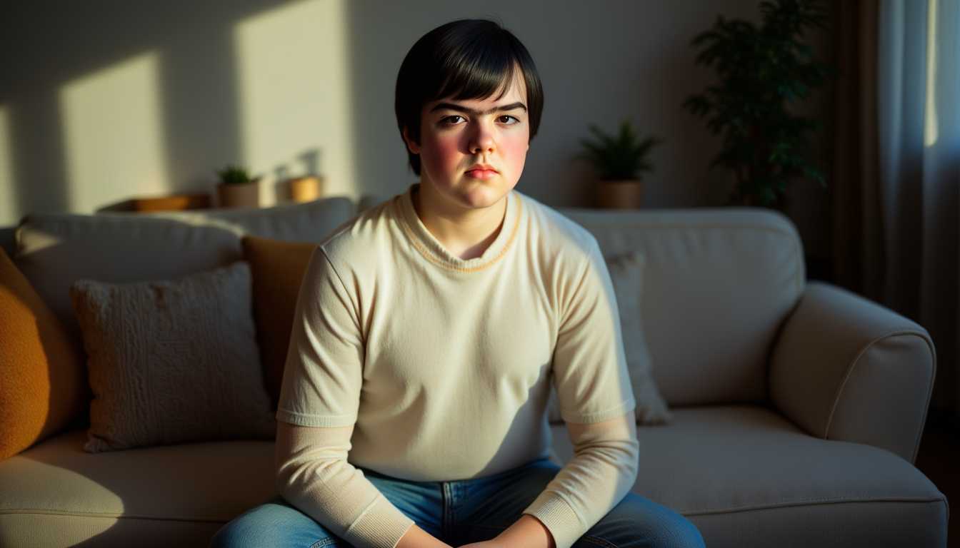 a portrait of Stan12 boy, short black hair, hazel eyes, sitting crossed legs, Indian style, on a sofa in the family room. Stan12 boy is wearing a  cream colored sweater, and denim pants. Cinematic lighting