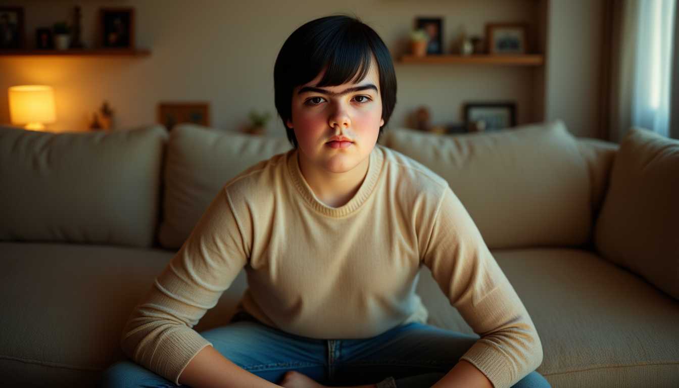 A cinematic portrait of a young boy named Stan12 with short black hair and captivating hazel eyes. He is seated cross-legged in an Indian style on a cozy sofa within a warmly lit family room. The sofa is plush, adding a sense of comfort to the scene, while the background features subtle family room details like a softly glowing lamp and blurred family photos. Stan12 is dressed in a creamy-colored sweater that highlights his youthful innocence and casual denim pants that complement his relaxed posture. The lighting is cinematic, casting soft shadows and gentle highlights across the scene, creating an intimate and inviting atmosphere. The mood is warm and familial, the perfect blend of comfort and cinematic flair, with the camera angle slightly above eye-level to capture his serene and thoughtful expression.