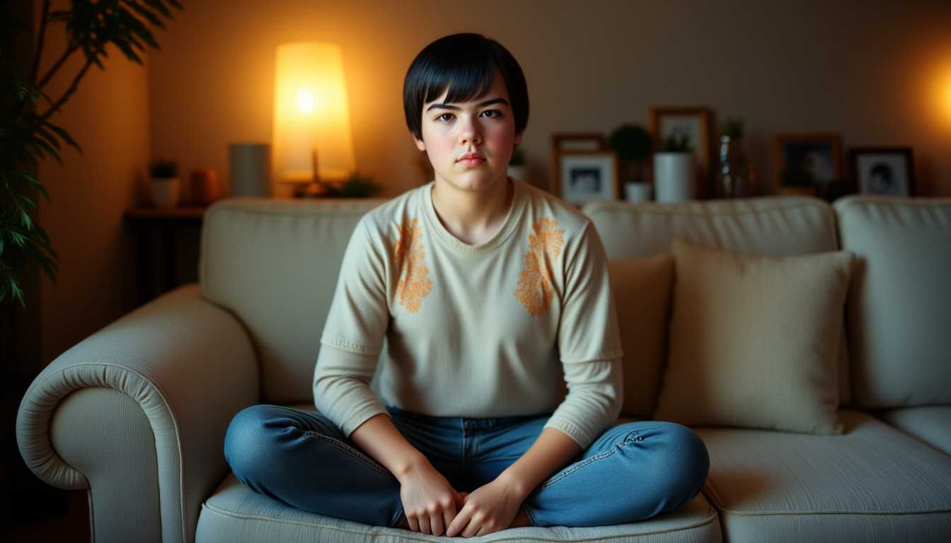 A cinematic portrait of a young boy named Stan12 with short black hair and captivating hazel eyes. He is seated cross-legged in an Indian style on a cozy sofa within a warmly lit family room. The sofa is plush, adding a sense of comfort to the scene, while the background features subtle family room details like a softly glowing lamp and blurred family photos. Stan12 is dressed in a creamy-colored sweater that highlights his youthful innocence and casual denim pants that complement his relaxed posture. The lighting is cinematic, casting soft shadows and gentle highlights across the scene, creating an intimate and inviting atmosphere. The mood is warm and familial, the perfect blend of comfort and cinematic flair, with the camera angle slightly above eye-level to capture his serene and thoughtful expression.
