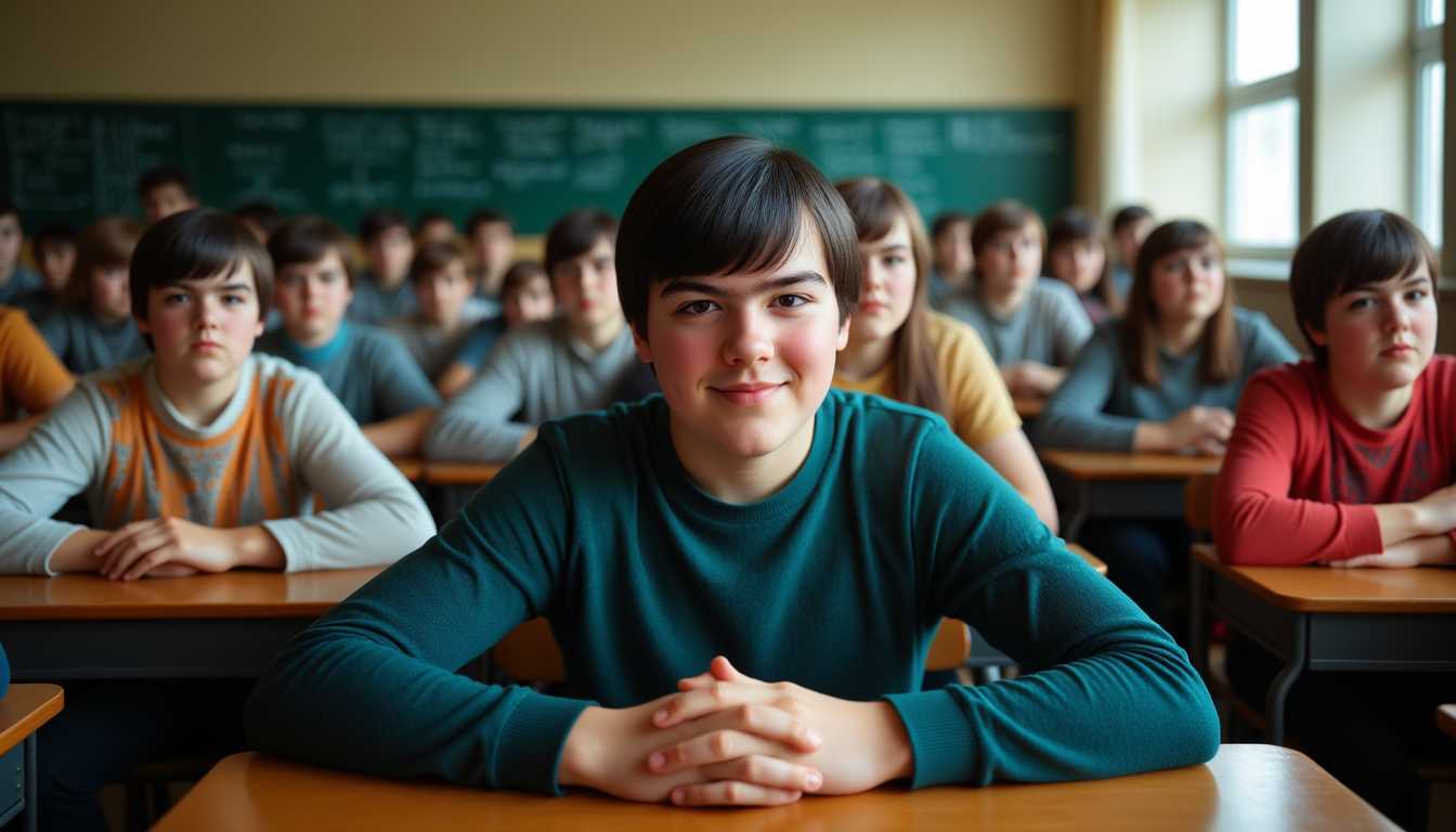 Smiling Boy in Classroom with Peers