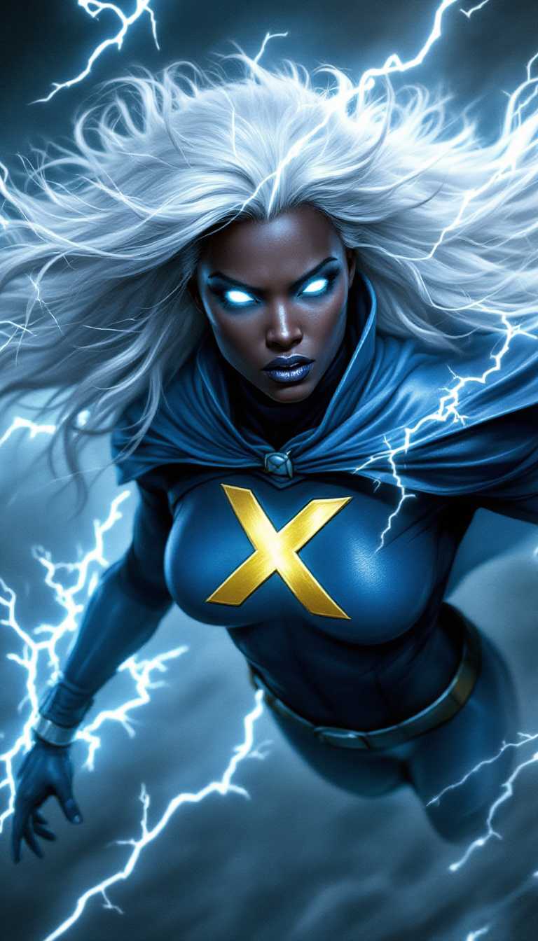 marvel's storm from "x-men", long white hair, dark skin, glowibng white eyes, gold "x" on her chest, cape, flying, lightning surrounding her, lightning radiating from her hands, the background is a raging thunder storm.very realistic image..

