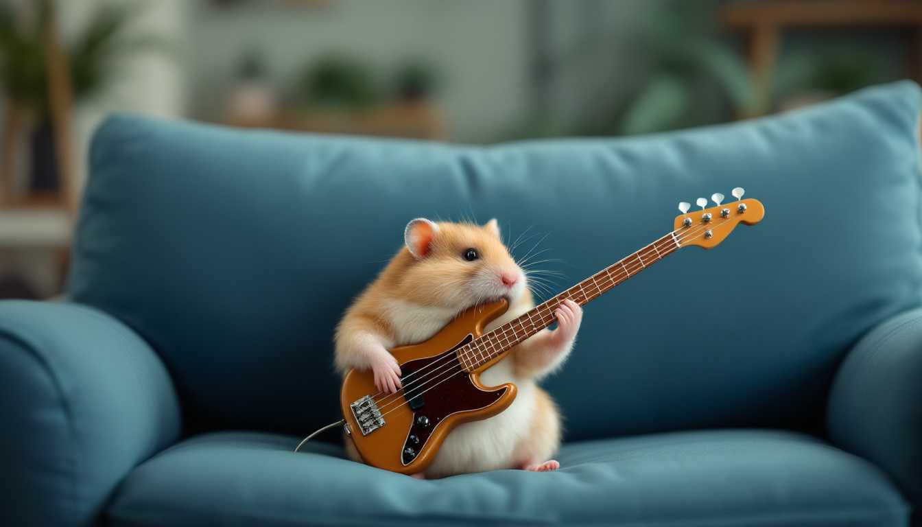 A hamster plays bass on the couch in a human house. 