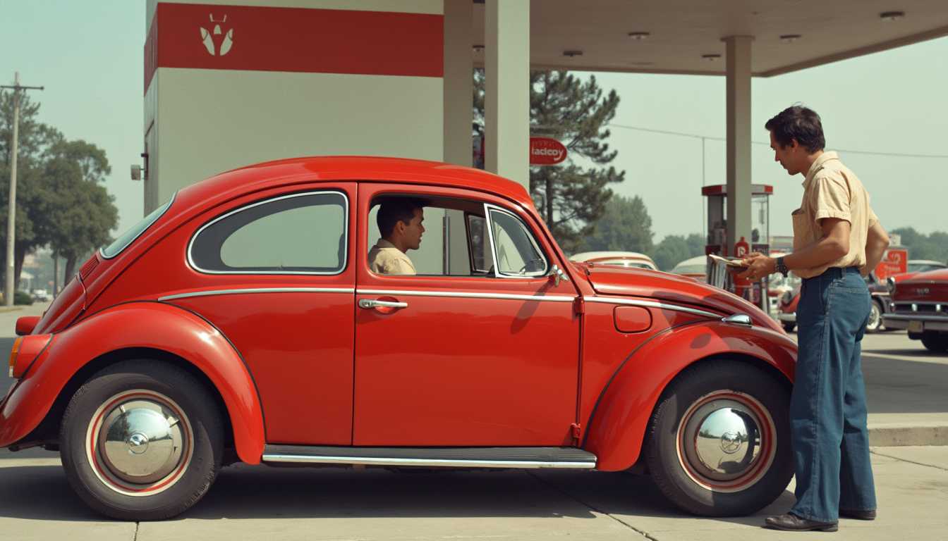 1967 gas station, man sitting inside a red Volkswagen Beetle talking to an attendant on drivers side