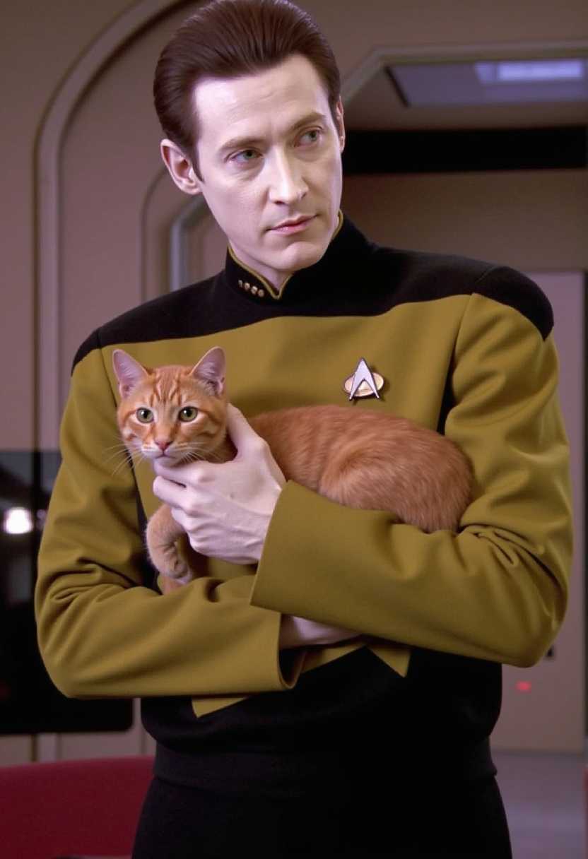 Star Trek Actor in Yellow Uniform Holding Orange Cat
