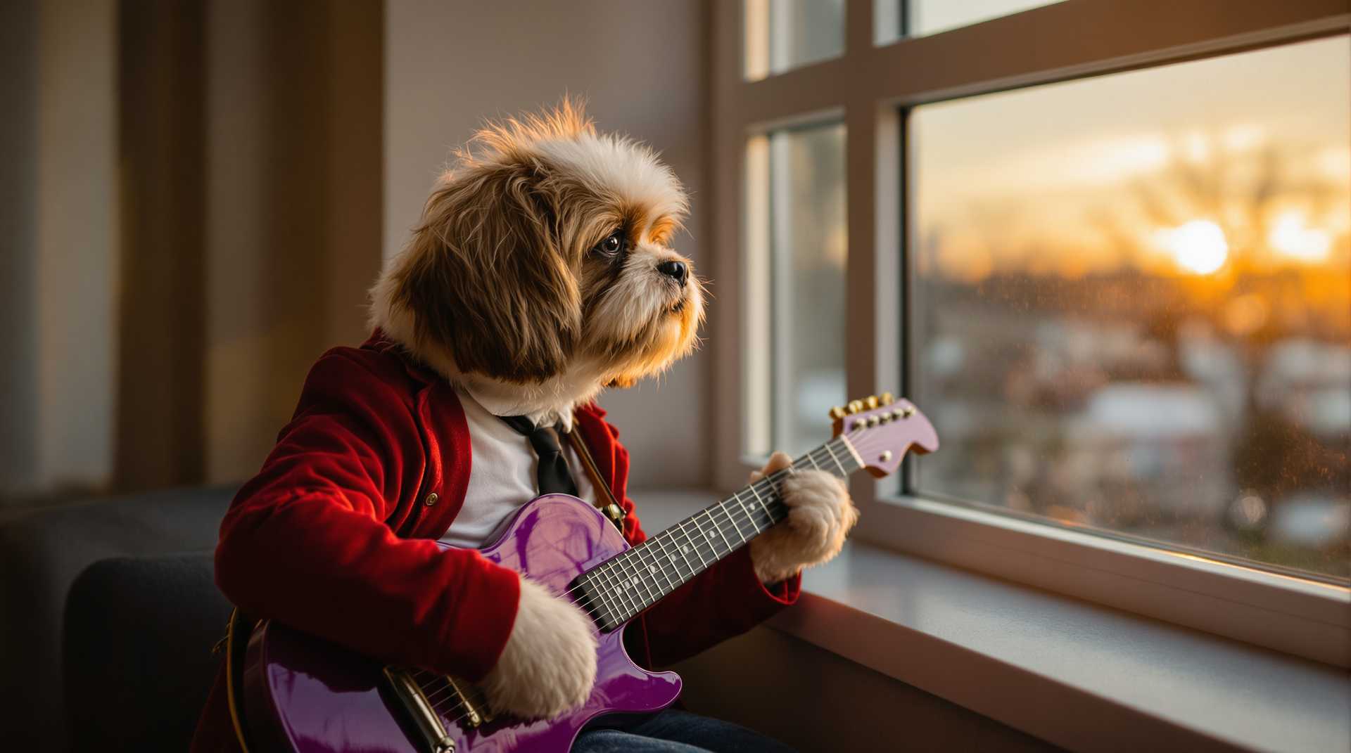 

A medium shot of a Shih Tzu guitarist, clearly a dog with brown and white fur, wearing a red jacket over a white T-shirt with a black necktie, sitting by a classroom window playing a purple guitar. gazing out at the fading sunset with a thoughtful expression, golden light streaming in and illuminating the classroom in a soft glow, shot with a Fujifilm GFX 100S, shallow depth of field, nostalgic and calm tones

