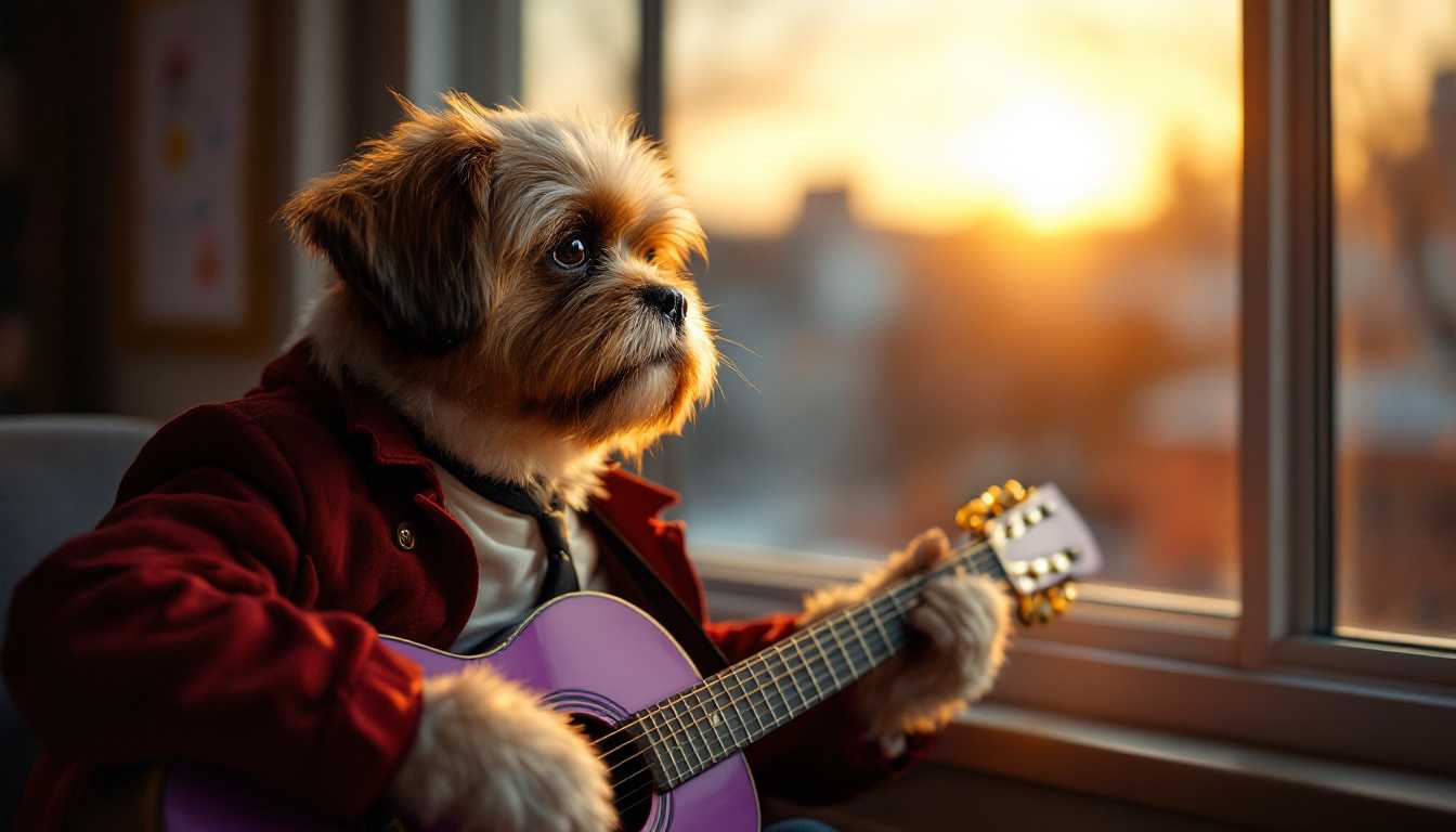 

A medium shot of a Shih Tzu guitarist, clearly a dog with brown and white fur, wearing a red jacket over a white T-shirt with a black necktie, sitting by a classroom window playing a purple guitar. gazing out at the fading sunset with a thoughtful expression, golden light streaming in and illuminating the classroom in a soft glow, shot with a Fujifilm GFX 100S, shallow depth of field, nostalgic and calm tones


