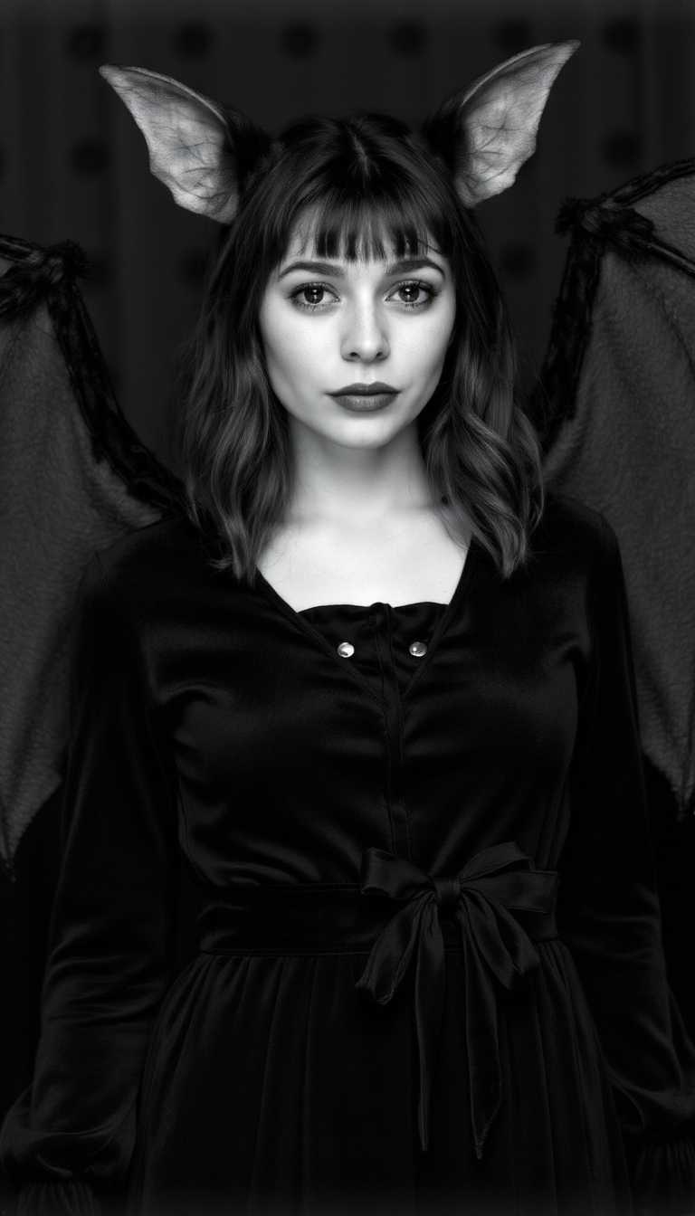 This is a black and white photograph that captures a person dressed in a costume that evokes the image of a bat. The subject is wearing a headpiece with pointed ears that resemble bat ears, and behind them, there are large bat wings attached to their back. The wings appear to be made of a translucent material with a textured pattern, giving them a realistic look.The person is wearing a dark, possibly velvet, dress with a deep neckline and a bow at the front. The dress has a fitted bodice with long sleeves that are gathered at the wrists, giving a gothic feel to the outfit. The persons hair is styled in waves, and they have a neat fringe of bangs that fall across their forehead.The art style of the photograph is reminiscent of classic pinup or pulp fiction illustrations, with a focus on dramatic lighting and shadow that accentuates the contours of the subject and the costume. The medium appears to be film photography, given the graininess and texture of the image.The colors in the photograph are limited to black and white, which gives it a timeless and classic feel. The contrast between the dark tones of the costume and the lighter background accentuates the subject and the details of the costume.