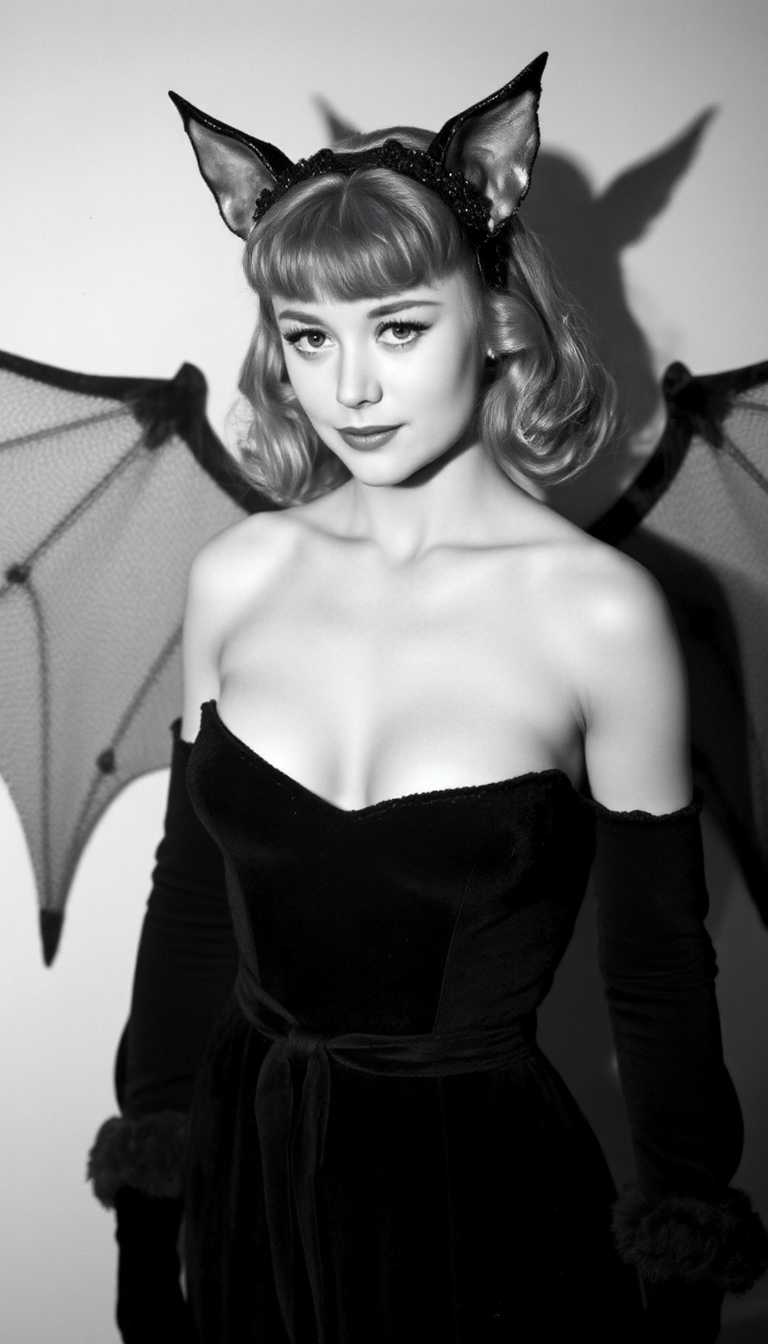 This is a black and white photograph that captures a person dressed in a costume that evokes the image of a bat. The subject is wearing a headpiece with pointed ears that resemble bat ears, and behind them, there are large bat wings attached to their back. The wings appear to be made of a translucent material with a textured pattern, giving them a realistic look.The person is wearing a dark, possibly velvet, dress with a deep neckline and a bow at the front. The dress has a fitted bodice with long sleeves that are gathered at the wrists, giving a gothic feel to the outfit. The persons hair is styled in waves, and they have a neat fringe of bangs that fall across their forehead.The art style of the photograph is reminiscent of classic pinup or pulp fiction illustrations, with a focus on dramatic lighting and shadow that accentuates the contours of the subject and the costume. The medium appears to be film photography, given the graininess and texture of the image.The colors in the photograph are limited to black and white, which gives it a timeless and classic feel. The contrast between the dark tones of the costume and the lighter background accentuates the subject and the details of the costume.