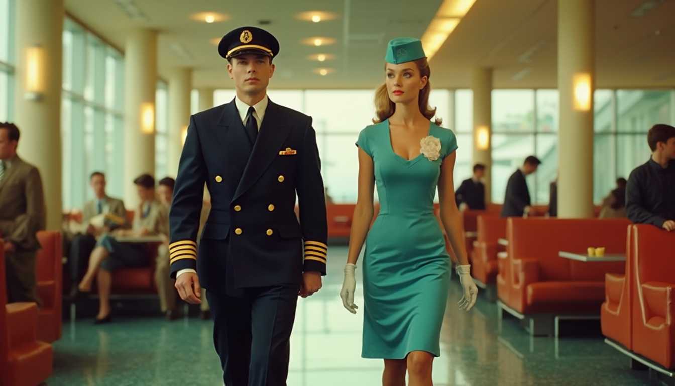 In a vibrant 1960s airport lounge filled with mid-century modern design elements, a glamorous and confident pilot and stewardess stride purposefully towards the camera. The pilot wears a sharply tailored navy double-breasted uniform with crisp gold stripes on the sleeves and a matching captain's hat, exuding authority and charm. Beside him, the stewardess is dressed in a chic, form-fitting teal A-line dress with white gloves and a jaunty pillbox hat, embodying sophistication and poise. The warm ambient lighting casts soft shadows, enhancing the retro atmosphere. Framed at eye level with a shallow depth of field, the background features stylish passengers and classic airport furniture in muted pastel tones, evoking a sense of timeless elegance and nostalgia.