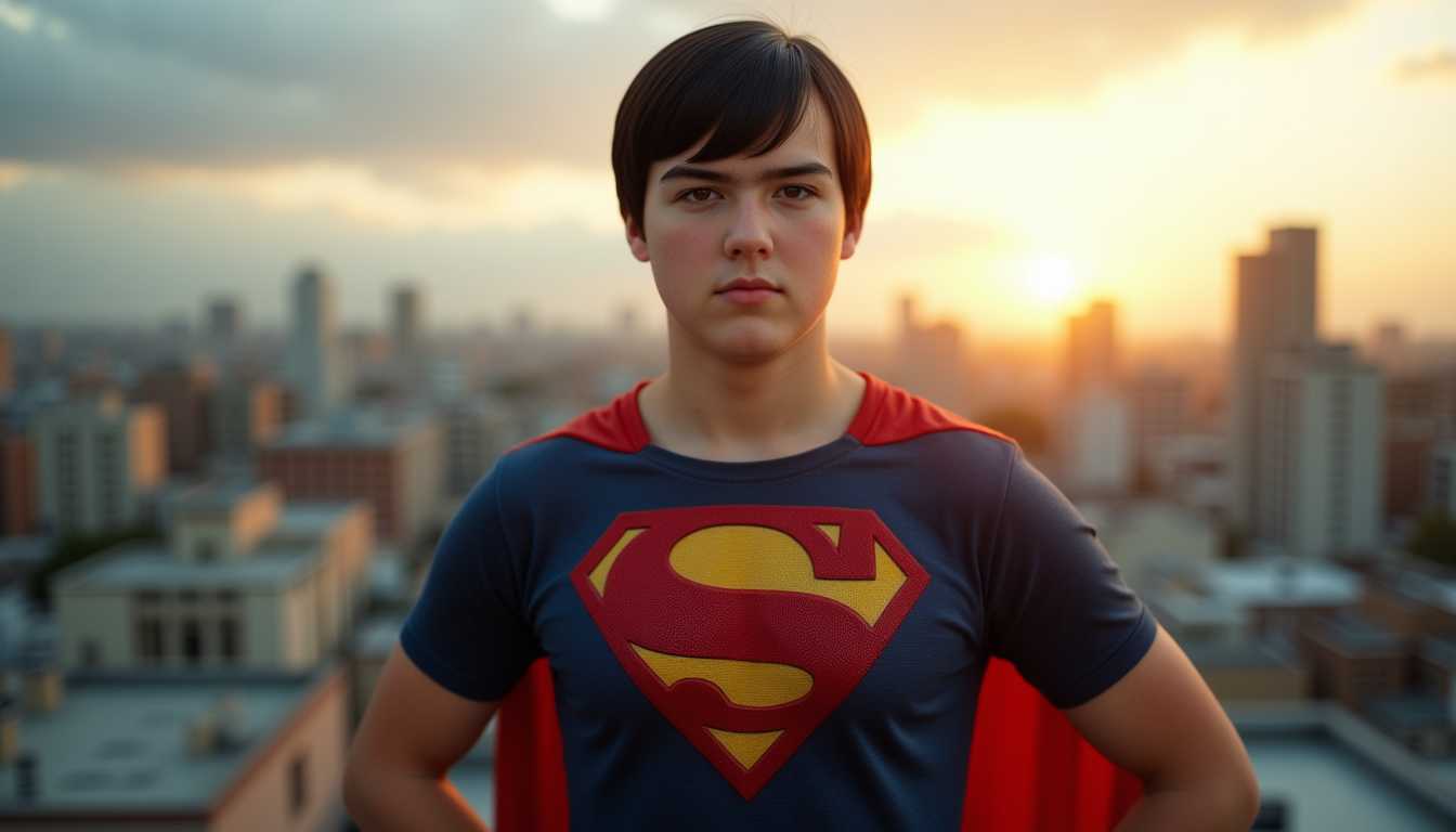 a photo of Stan12 boy, Wide angle camera shot: a photo of Stan12 boy short black hair, hazel eyes, standing on a roof top, dressed and posed as superman.  hands clenched into a fist on hips, cinematic lighting
