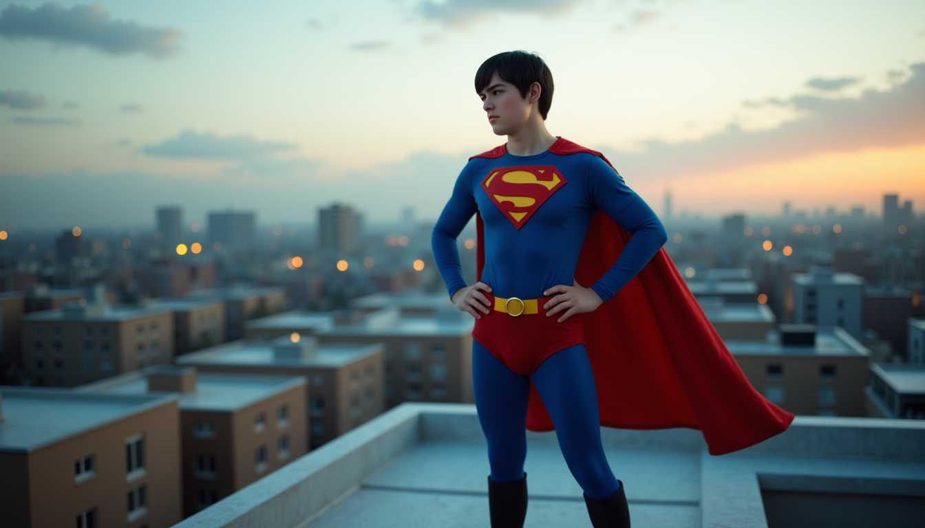 a photo of Stan12 boy, Wide angle camera shot: a photo of Stan12 boy short black hair, hazel eyes, standing on a roof top, dressed and posed as superman. Blue tights, tall black boots hands clenched into a fist on hips, cinematic lighting