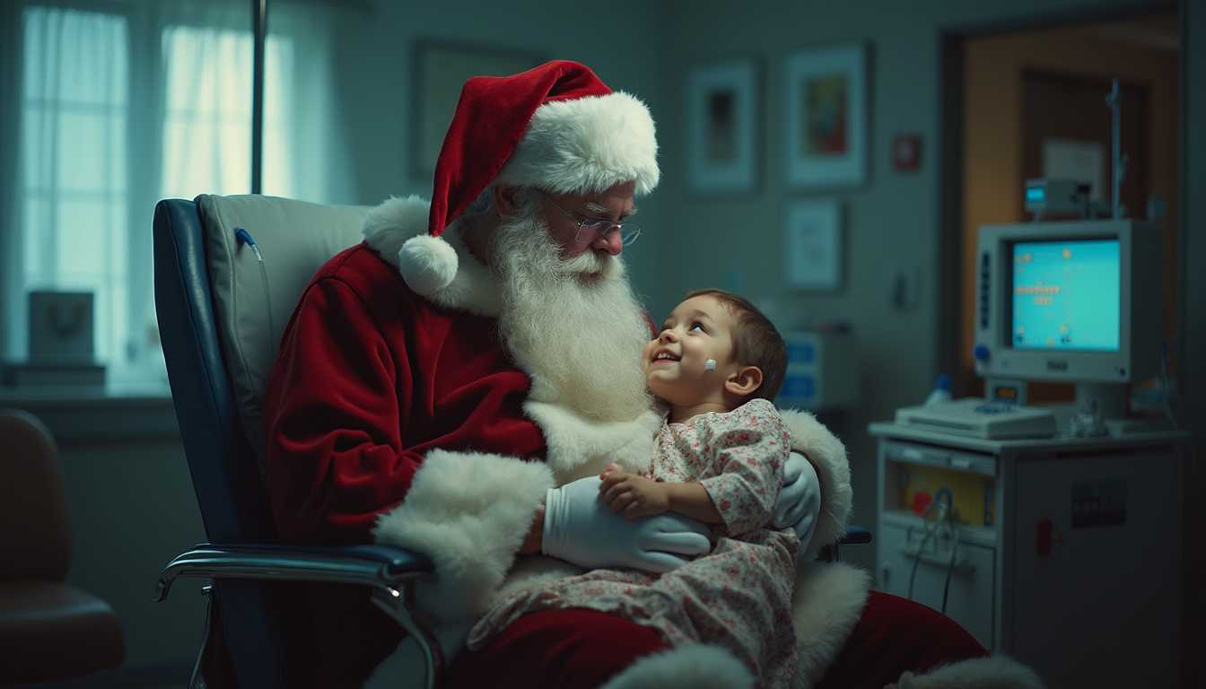 Santa is sitting in a chair in a hospital room, on his lap he holds a very ill child hooked up to many tubings. The child is resting with a gentle smile on his face. cinematic lighting