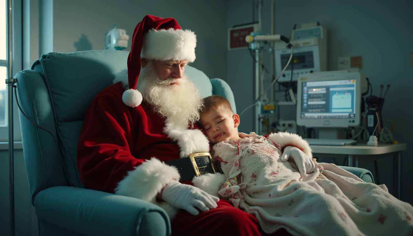 A heartwarming and poignant scene unfolds as Santa sits gracefully in a plush hospital chair, his iconic red suit trimmed with white fur creating a stark contrast against the sterile backdrop of the hospital room. The room is softly illuminated with cinematic lighting, casting gentle shadows and highlighting the tender moment shared between Santa and the child. The child, connected to an array of delicate, translucent tubings, rests peacefully on Santa's lap with a serene smile illuminating his face. The scene is shot with a warm tonal palette, blending soft natural light with the artificial glow of medical equipment, evoking a mood of hope and compassion. The composition places Santa and the child centrally, with the camera angle slightly from above to capture the full spectrum of emotions and delicate details—from the texture of Santa's suit to the gentle curve of the child's peaceful expression.