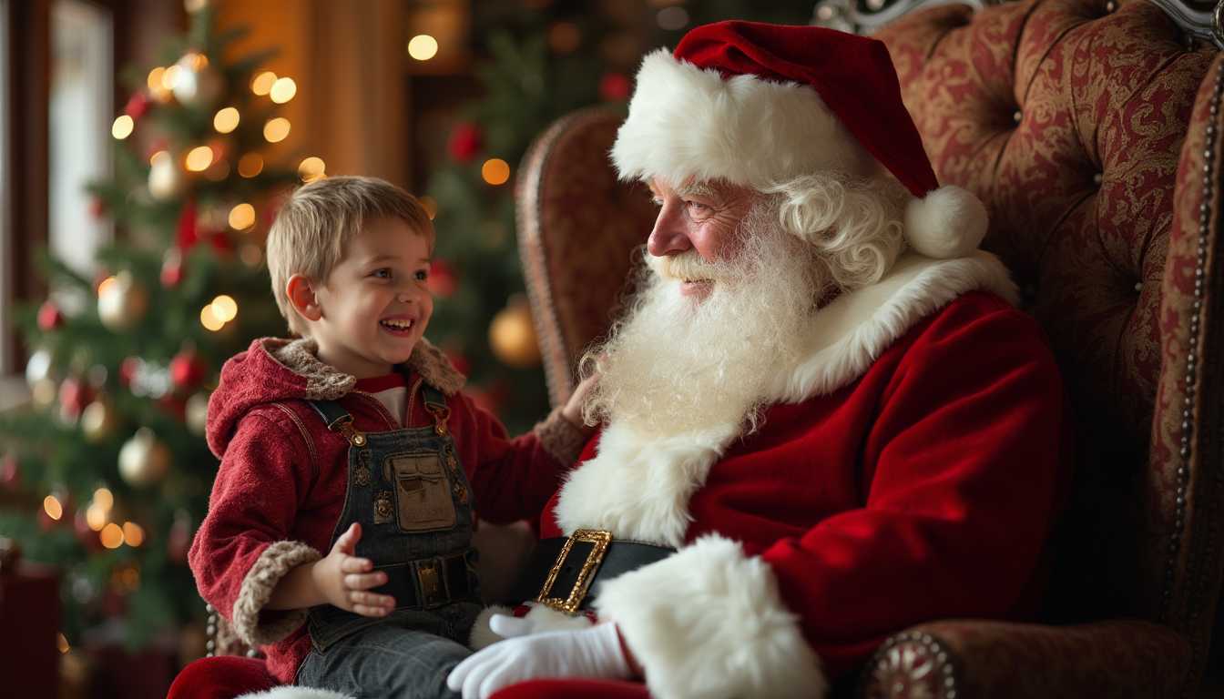 A Mall Santa sitting in his big chair. A happy 6 year old boy sitting on his Santa's lap telling him what he wants for Christmas. cinematic lighting