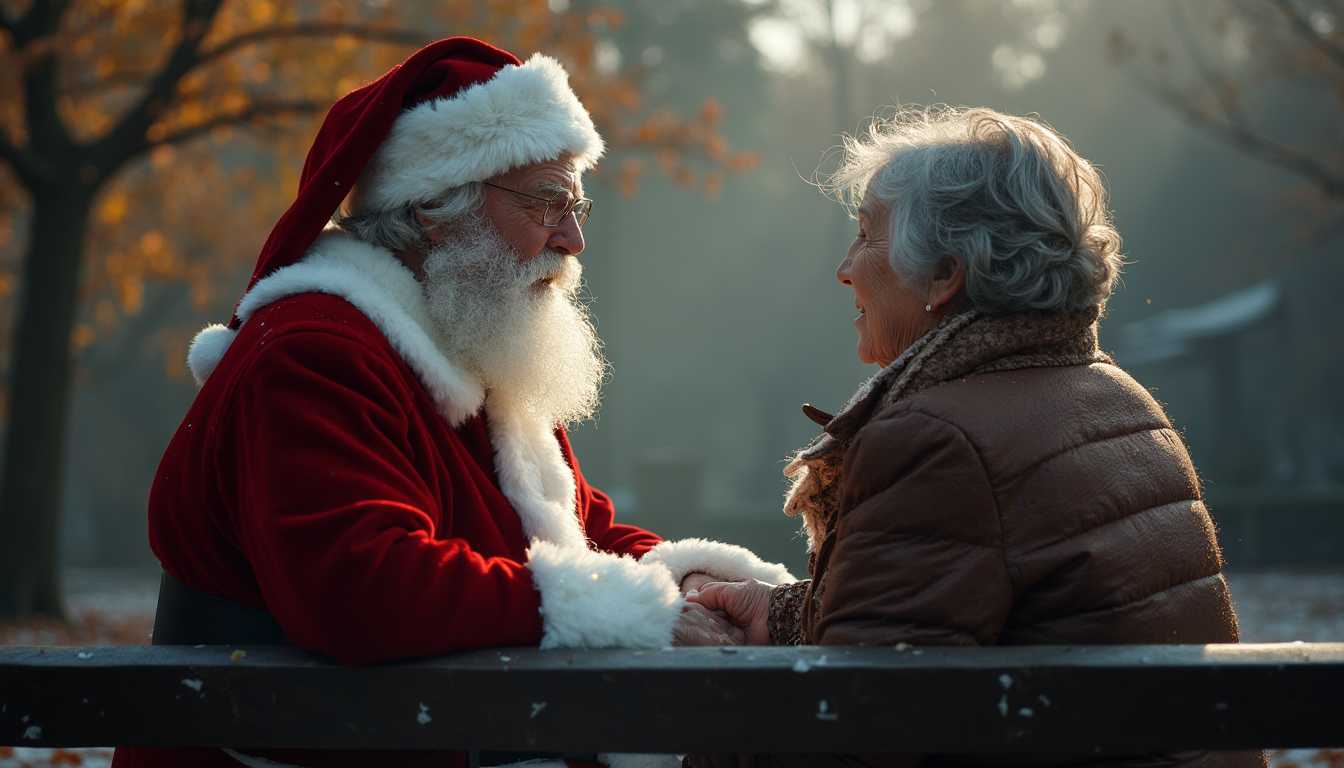 Santa Claus sitting on a park bench with an elderly woman, holding her hand, it's a cold December morning, cinematic lighting