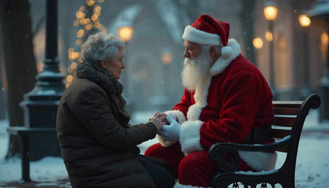 Santa Claus sitting on a park bench with an elderly woman, holding her hand, it's a cold December morning, cinematic lighting