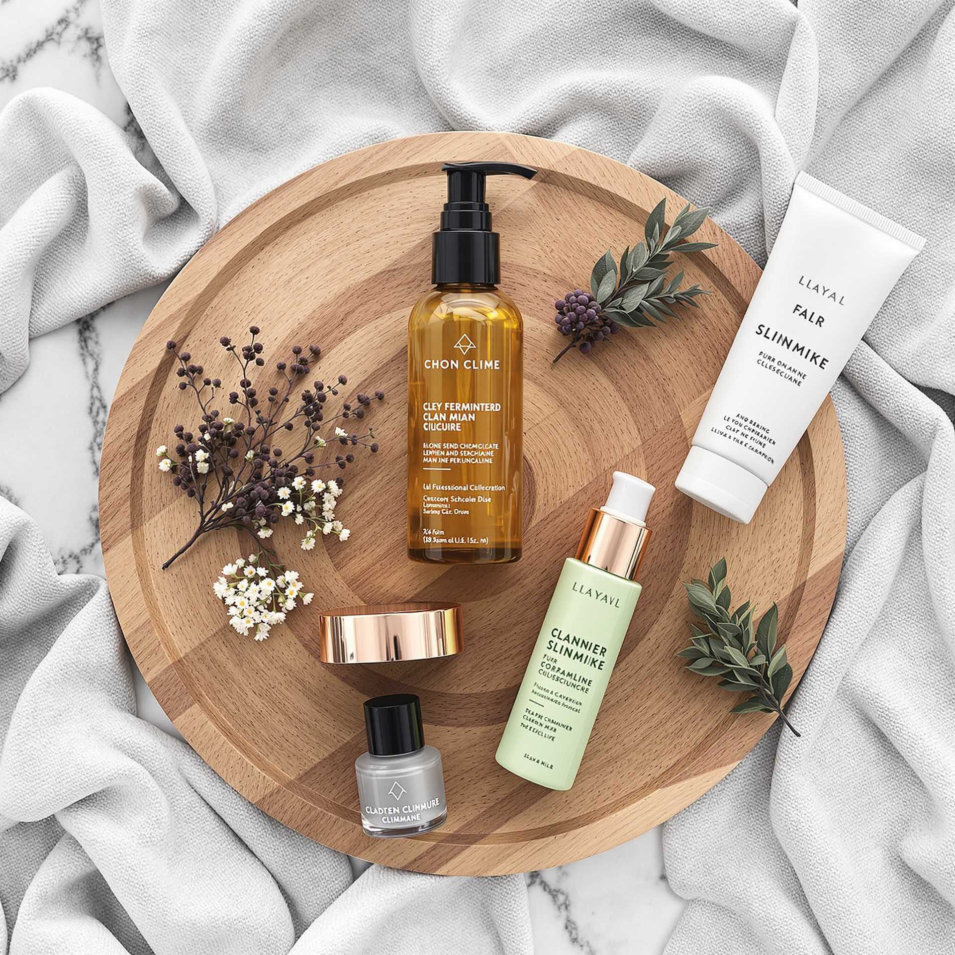 Natural Elegance: Skincare Products on Wooden Tray