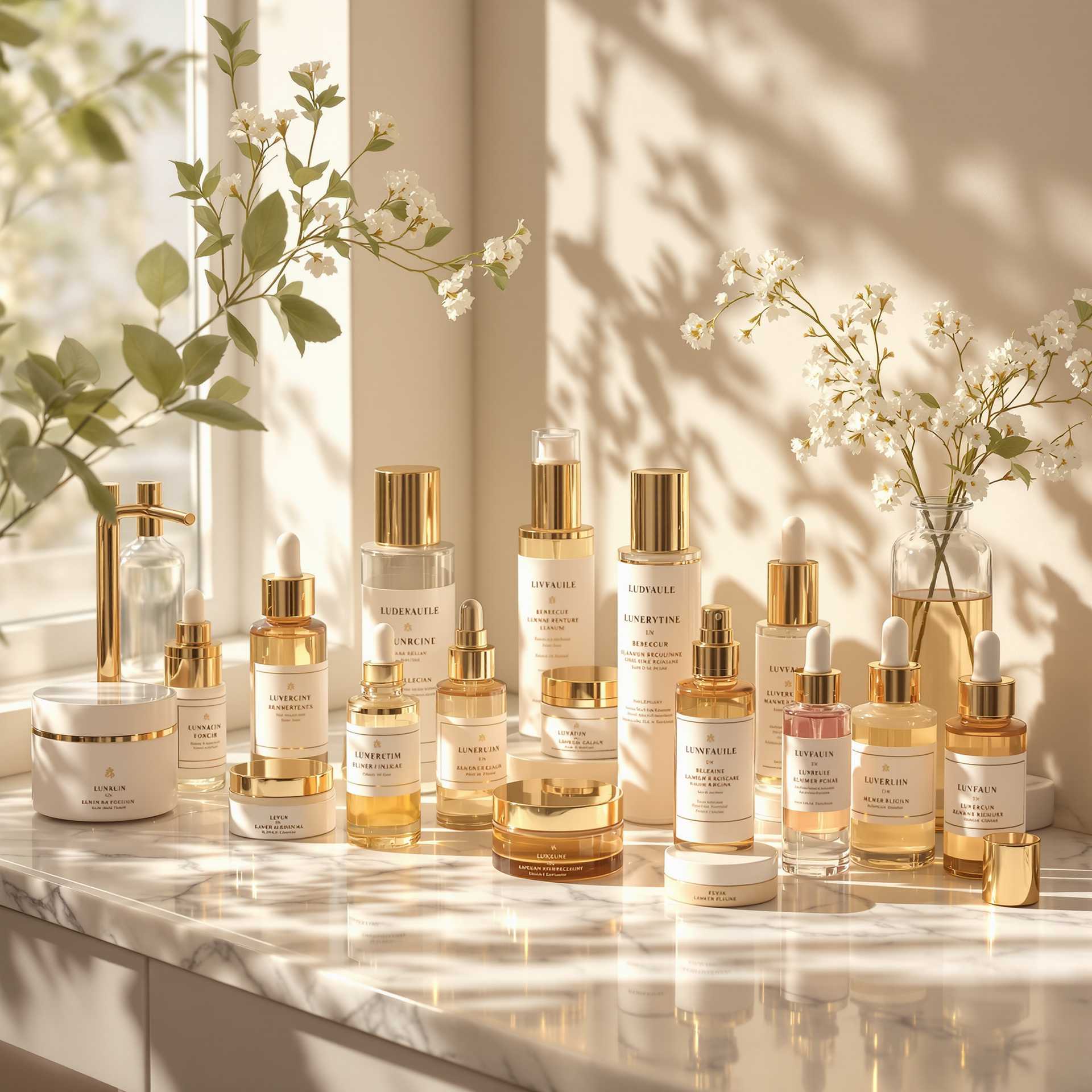 A high-definition, hyper-realistic image capturing a serene vanity setting, where a bespoke skincare routine is elegantly displayed. The soft morning light gently cascades through a nearby window, casting delicate shadows and highlighting the array of luxurious skincare products. The scene is composed from a slightly elevated angle, showcasing beautifully arranged bottles, jars, and tinctures labeled with delicate gold and pastel touches. The surface is a chic marble background, adding a touch of elegance and refinement. The atmosphere is calm and inviting, evoking a sense of indulgence and self-care. The overall mood is one of sophistication and tranquility, enhanced by the use of warm, natural tones and subtle reflections on the glossy surfaces. Fine details such as texture contrasts between matte and glossy items, and soft-focus effects accentuate the serene setting.