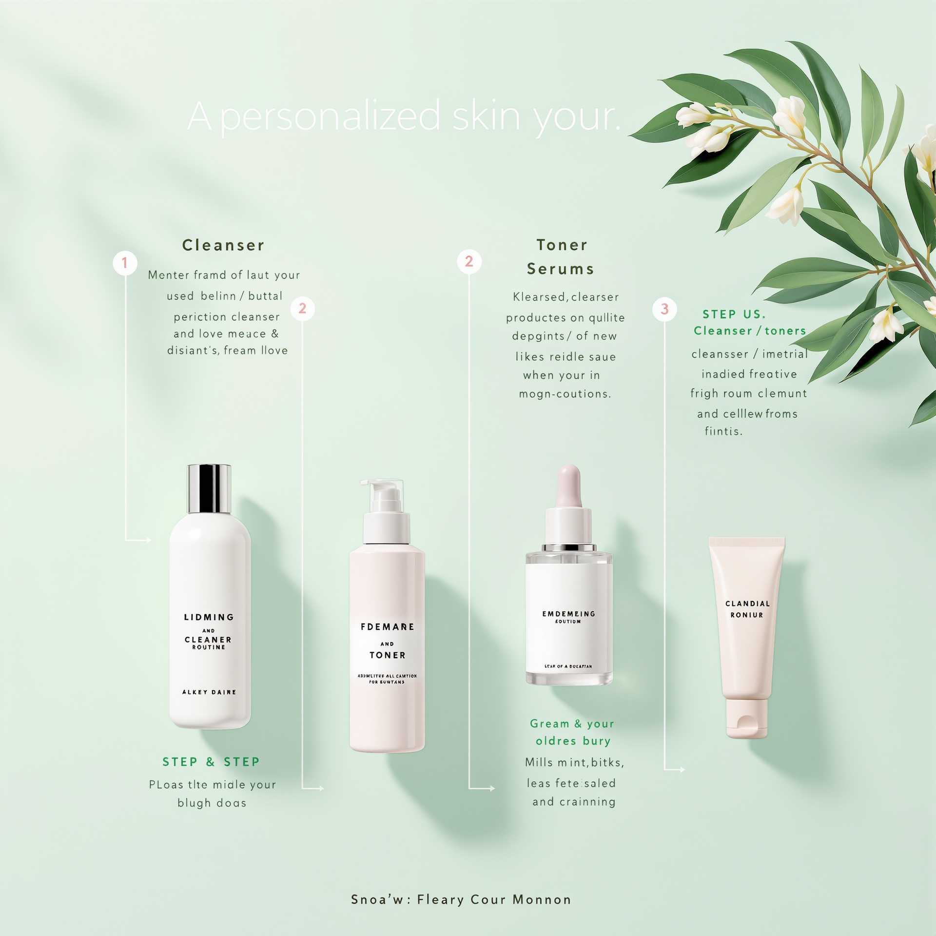Create an image of a personalized skincare routine guide, visually laid out as a step-by-step process. The guide is set against a clean, modern background with a soft pastel color palette, blending mint green and blush pink for a soothing aesthetic. Each step is represented by a detailed illustration of skincare products like cleansers, toners, serums, and moisturizers. The design mimics the style of a minimalist infographic with sleek typography and gentle gradients for a polished look. Incorporate subtle lighting that highlights the textures of the products, such as the glossy surfaces of bottles and the creamy consistency of lotions. Position these products neatly in sequence, resembling a flat lay photograph from a top-down perspective, inviting and informative. The overall atmosphere should feel calming and inviting, like a serene morning ritual, evoking a sense of self-care and tranquility.