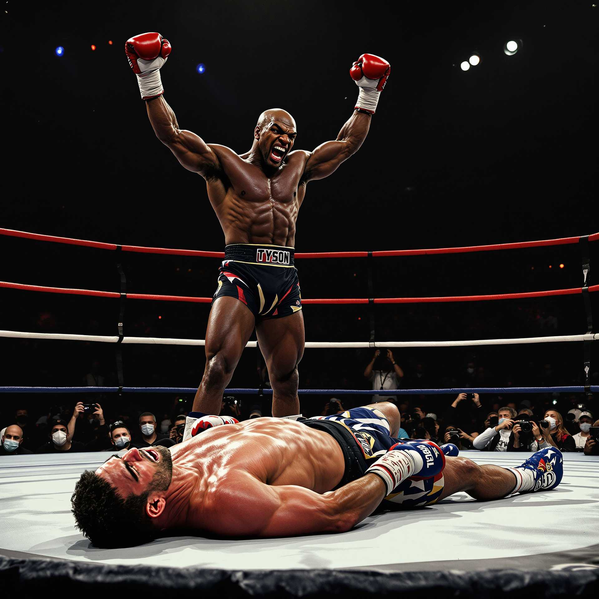 Mike Tyson standing in the ring with his arms up with a ferocious look on his face. Jake Paul laying knocked out on the matt of the ruing