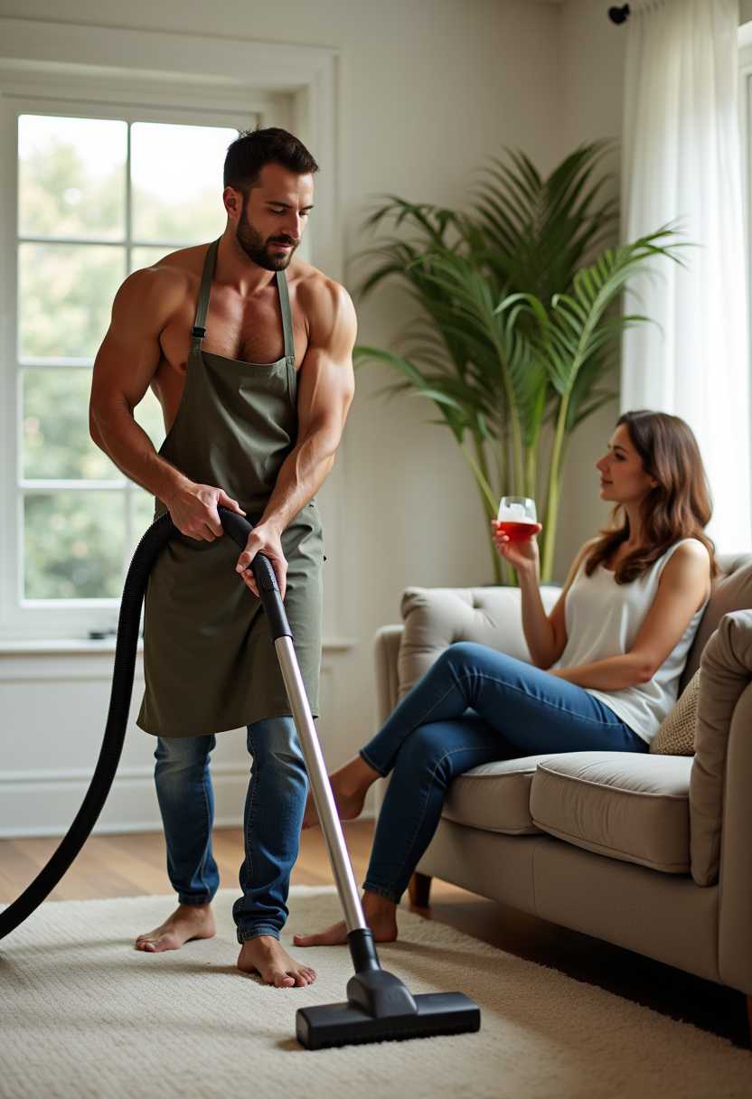 Man Vacuuming Floor in Living Room with Woman Sitting on Couch