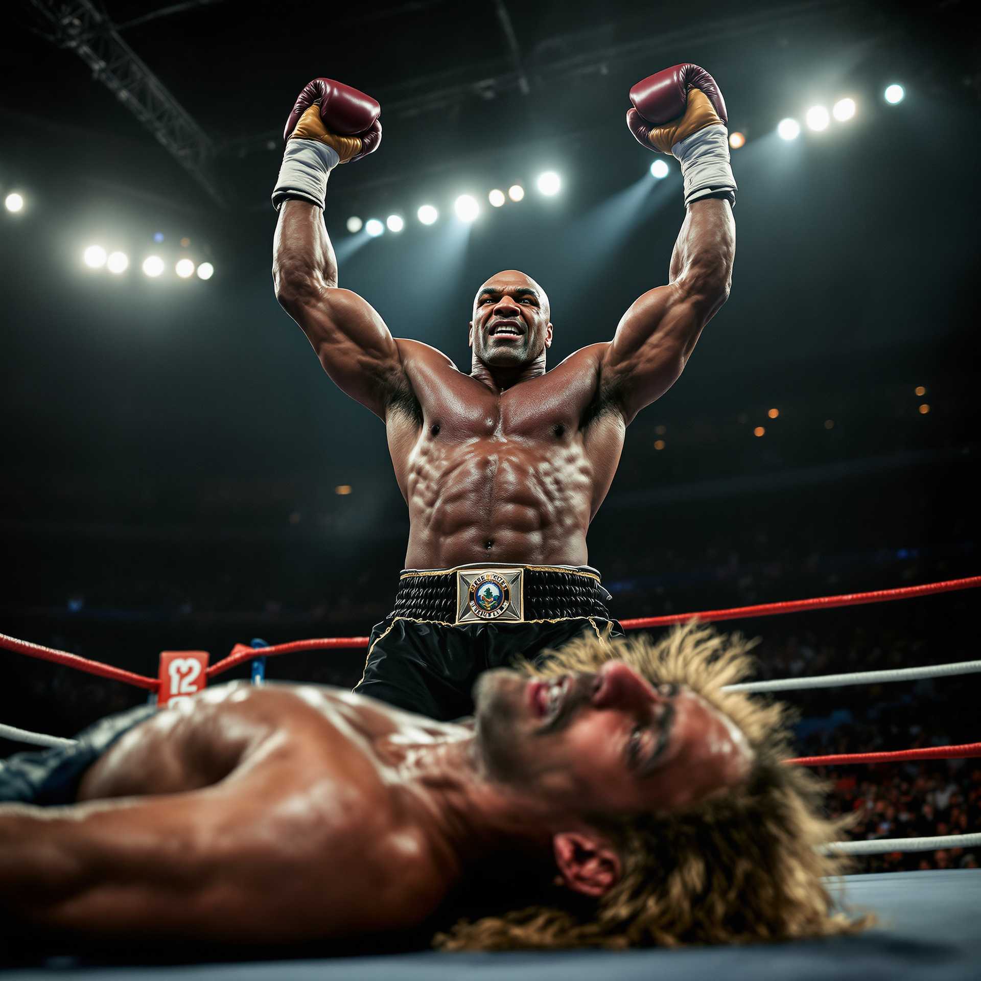 Portrait of Mike Tyson standing triumphantly in a boxing ring, captured from a low angle to emphasize his imposing stature. His muscular arms are raised high in victory, casting dramatic shadows against the brightly lit arena, as his face radiates a ferocious intensity. The texture of his glistening skin is highlighted under the harsh floodlights, a testament to the physical exertion. In contrast, Jake Paul lies sprawled out on the mat, unconscious, his bushy blonde hair splayed around his head. The composition centers on Tyson, with Paul subtly blurred in the foreground for depth, capturing the raw emotion of a triumphant moment. The scene is set within a vibrant, modern sports arena, filled with the electrifying tension of a historic boxing match. The atmosphere is tense, the air thick with the roar of an unseen crowd, punctuated by a soft haze from overhead lighting.