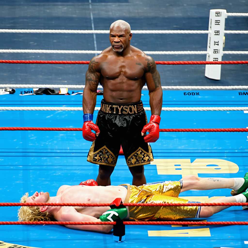 mike tyson standing in the ring as the champion over the body of a blonde haired guy that's knocked out
