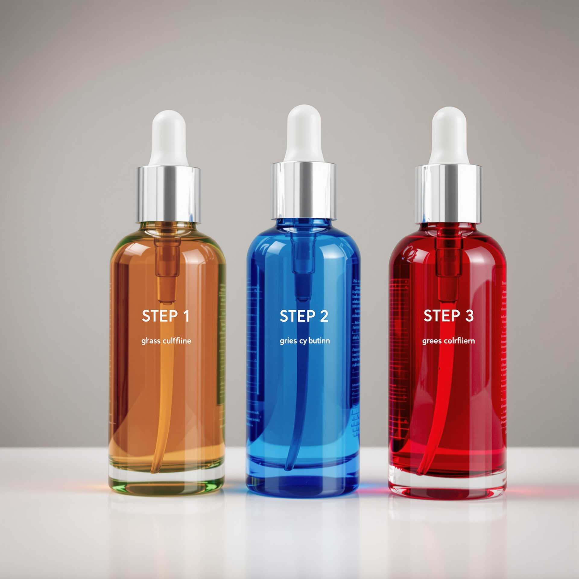 3 bottle of skincare products. One Red glass that says step 1, one blue glass that says step 2, and one green glass that says step 3