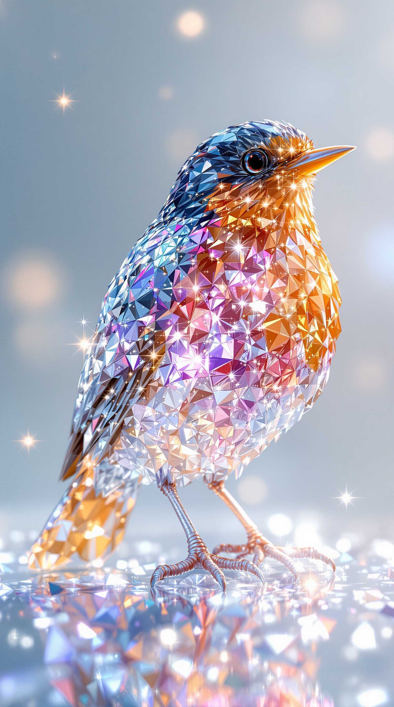 3D Robin bird made of diamonds, shiny and translucent, bright clear background, with a diamond texture, light reflection effects, high resolution, detailed texture, sparkling effect, bright colors, like sparkling crystals, light effects, with high detail.

