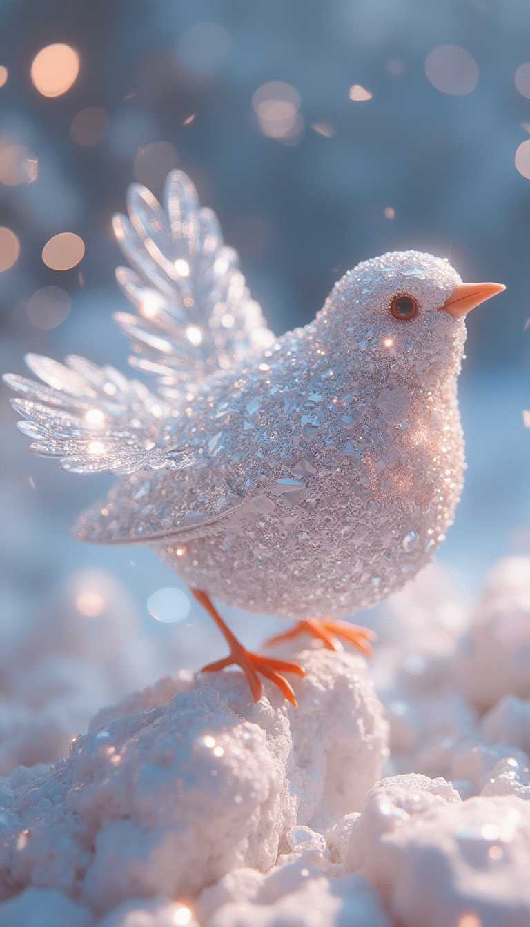 3D Robin bird made of diamonds, shiny and translucent, bright clear background, with a diamond texture, light reflection effects, high resolution, detailed texture, sparkling effect, bright colors, like sparkling crystals, light effects, with high detail.

