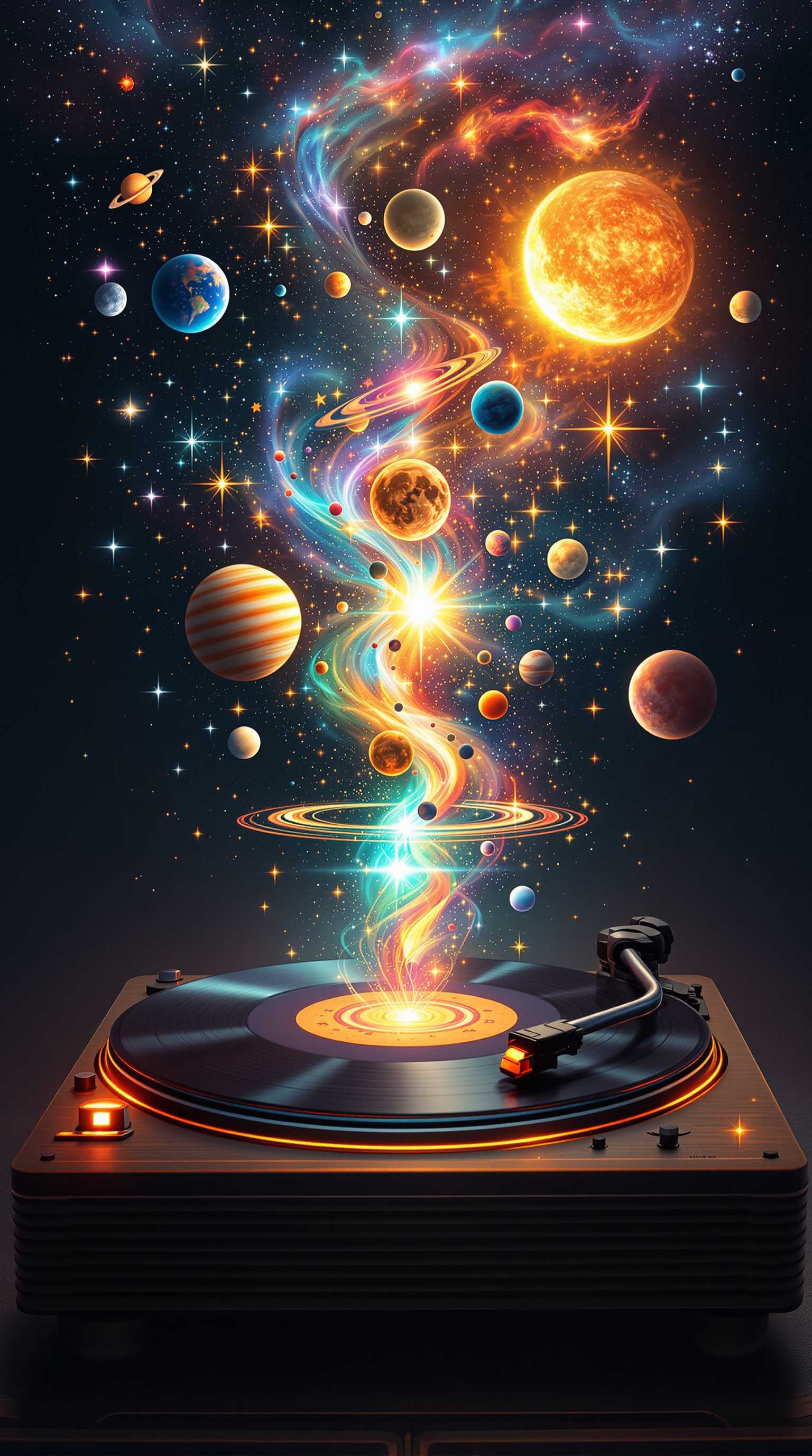 A surreal, hyper-detailed image of an old-fashioned turntable record player, but instead of music, cosmic elements like planets, galaxies, stars, the moon, and the sun emerge and spiral out from the spinning vinyl. Each celestial object glows with vibrant colors, illuminating the scene with a cosmic radiance, as if drifting on invisible sound waves in a jar. The background is deep and dark, with a soft nebula haze adding depth. The scene has a dreamy, futuristic cosmic aesthetic, with intricate details in every planet and star, creating a sense of inspiration and wonder, blending vintage charm with the mysteries of the universe.

