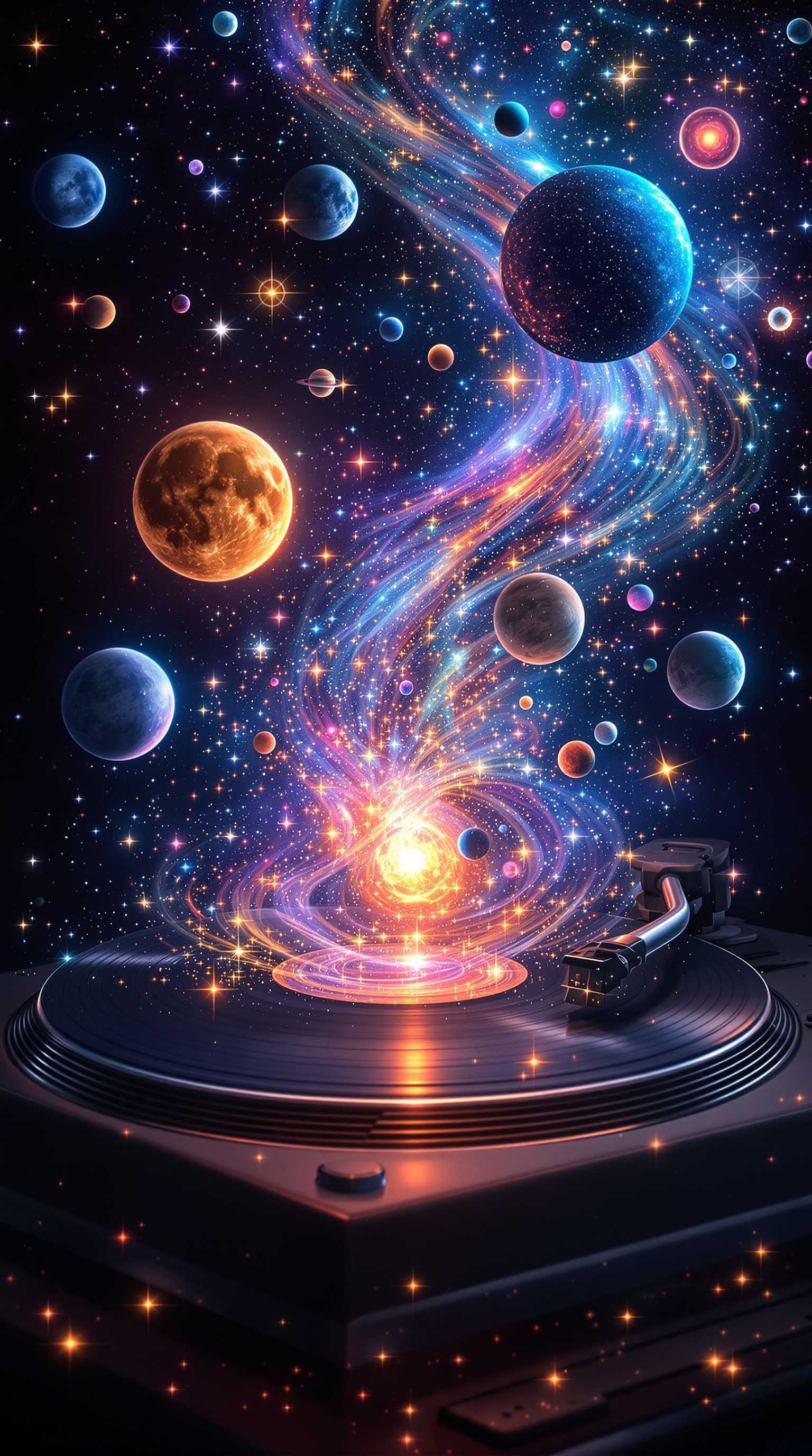 A surreal, hyper-detailed image of an old-fashioned turntable record player, but instead of music, cosmic elements like planets, galaxies, stars, the moon, and the sun emerge and spiral out from the spinning vinyl. Each celestial object glows with vibrant colors, illuminating the scene with a cosmic radiance, as if drifting on invisible sound waves in a jar. The background is deep and dark, with a soft nebula haze adding depth. The scene has a dreamy, futuristic cosmic aesthetic, with intricate details in every planet and star, creating a sense of inspiration and wonder, blending vintage charm with the mysteries of the universe.

