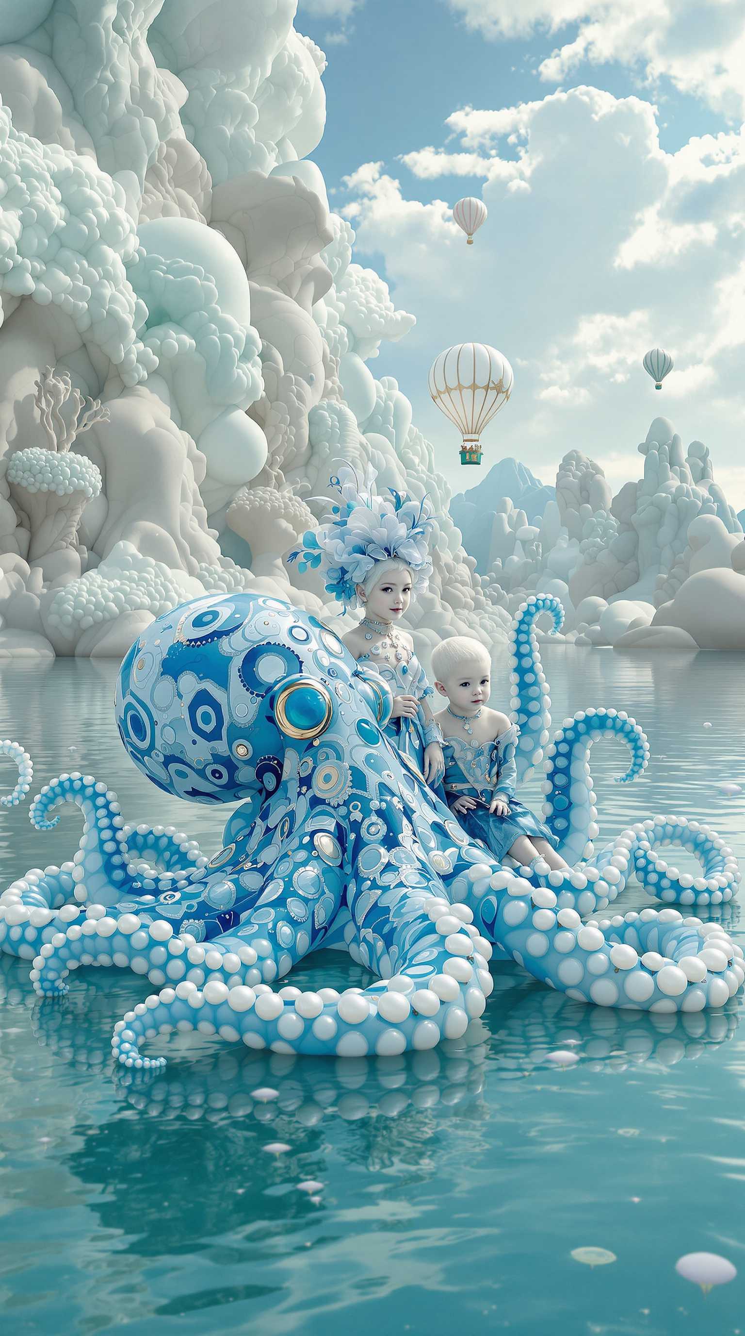 An albino child in various poses and expressions, 7 years old, with pale blue-gray eyes and white hair, surreal fantasy hairstyle, dresses in elaborate Edwardian style, fine velvet, silk, in bold patterns and designs in azure blue. The child is on a calm river together with a very large octopus in azure blue, white pearl and metallic silver color with bold pattern. In the background are surreal very large agate geode clips polished in lush shades of green, beige, matte white, white pearl and metallic gold, vivid contrast. In the sky, hot-air balon made of celadon ceramic, granite, white pearls, emeralds and marble like in the fairy tale of Alice in Wonderland. A peaceful, harmonious, heavenly, dreamy and magical atmosphere. Everything is arranged in a sweeping panorama in a harmonious composition. Please photograph from a slight bird's eye view so that all the details are clearly visible without being too close together. surrealistic, animale, dreamy mood, use of Kodak gold film for color prints, edwardia-style fashion, physical world, hybridart, animalartistry, high definition, emotional connection, all details visible, hyperrealistic, high-end kidsfashion photography, ambient occlusion, global illumination, hyperdetailed,

