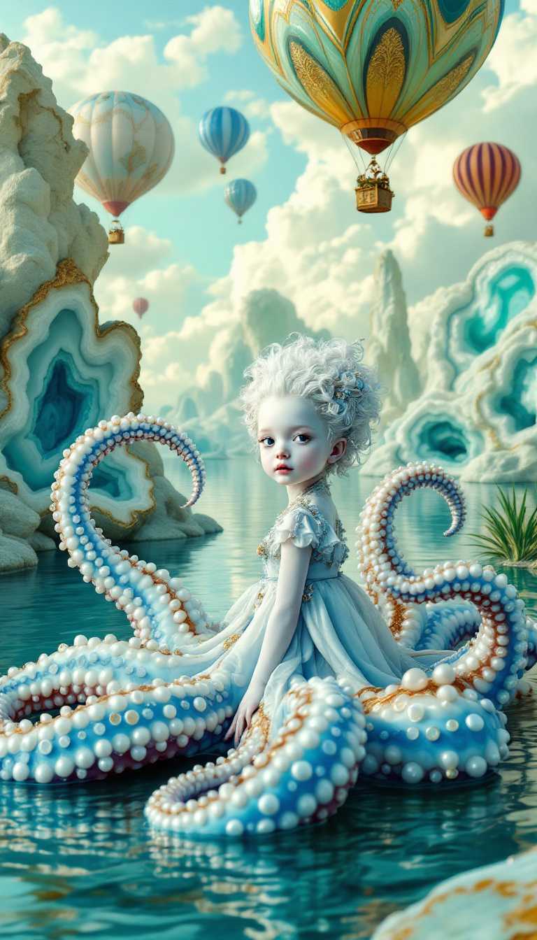 Fantasy Art Girl with Octopus Tail in Surreal Ocean Scene with Hot Air Balloons