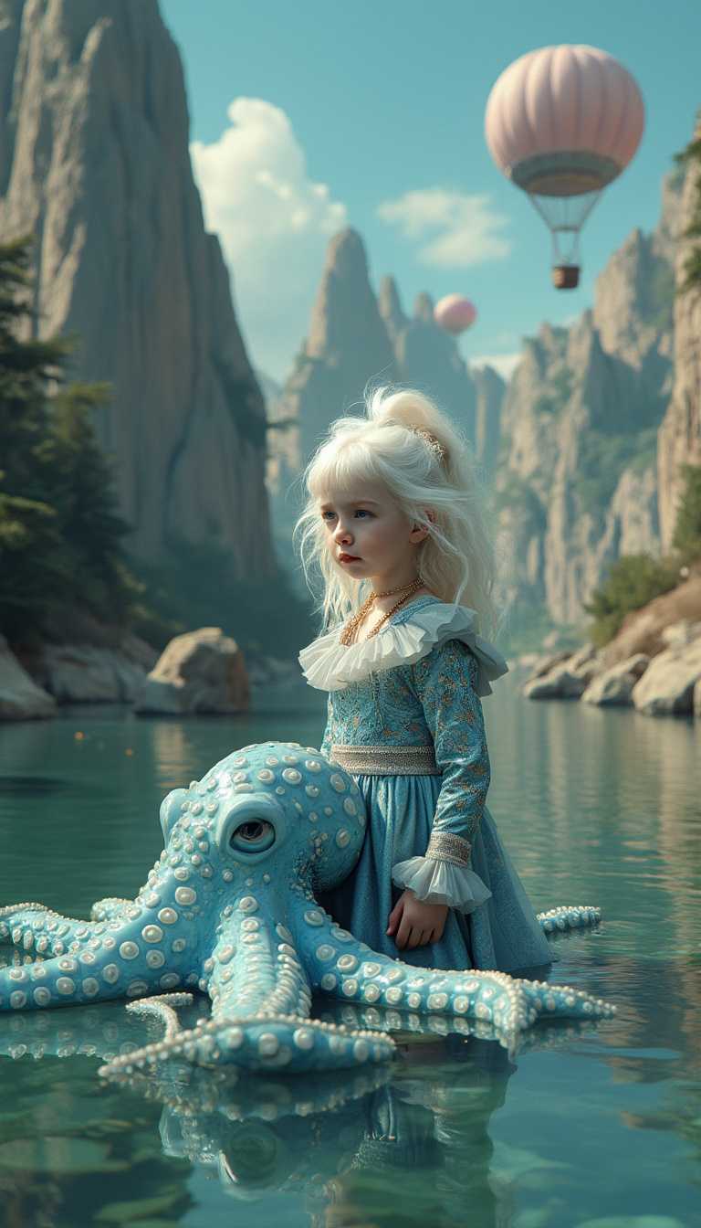 Little Girl in Blue Dress with Octopus, Surrounded by Mountains and Pink Balloons