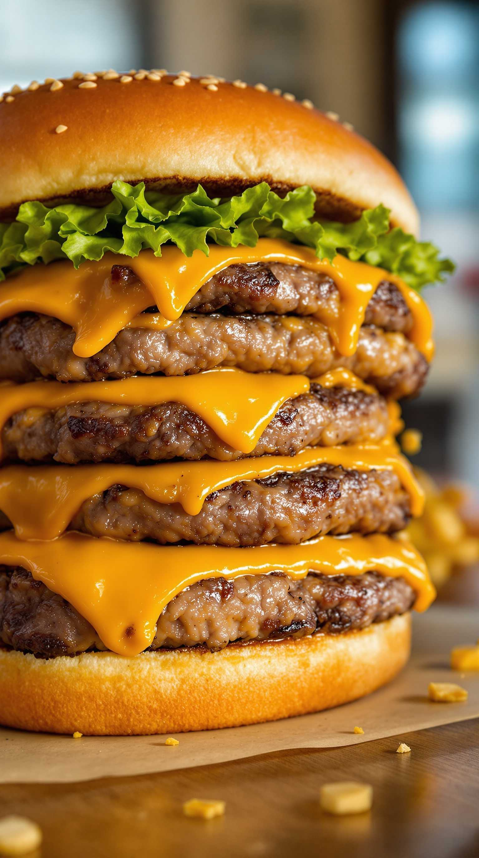Giant cheeseburger with lots of meat and yellow cheddar, stacked on top of each other at In-N-Out restaurant.(recipe name) natural composition, soft lighting, approachable, homely, fresh, inviting, homemade, high resolution, super detailed | CAMERA: Smartphone | FOCAL LENGTH: 35mm | SHOT TYPE: Close-up | COMPOSITION: Slightly off-center | LIGHTING: Natural window light | PRODUCTION: Home setting, informal presentation | TIME: Late afternoon | LOCATION TYPE: Kitchen or dining table | Apperance : ultra realistic

