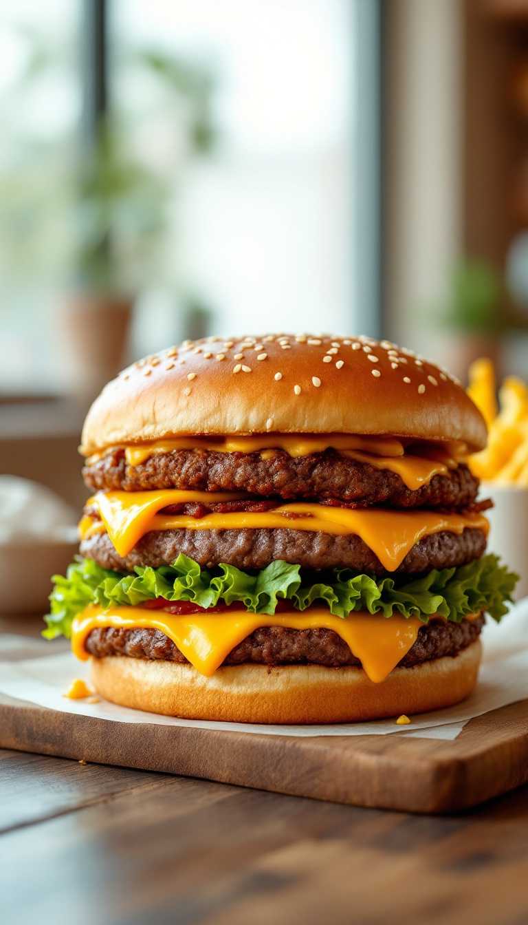 Giant cheeseburger with lots of meat and yellow cheddar, stacked on top of each other at In-N-Out restaurant.(recipe name) natural composition, soft lighting, approachable, homely, fresh, inviting, homemade, high resolution, super detailed | CAMERA: Smartphone | FOCAL LENGTH: 35mm | SHOT TYPE: Close-up | COMPOSITION: Slightly off-center | LIGHTING: Natural window light | PRODUCTION: Home setting, informal presentation | TIME: Late afternoon | LOCATION TYPE: Kitchen or dining table | Apperance : ultra realistic

