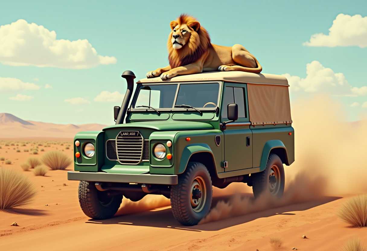 A Land Rover with an eccentric driver rolls on a track in a desert landscape. A maned lion is lying on the roof of the vehicle. Ultra-realistic