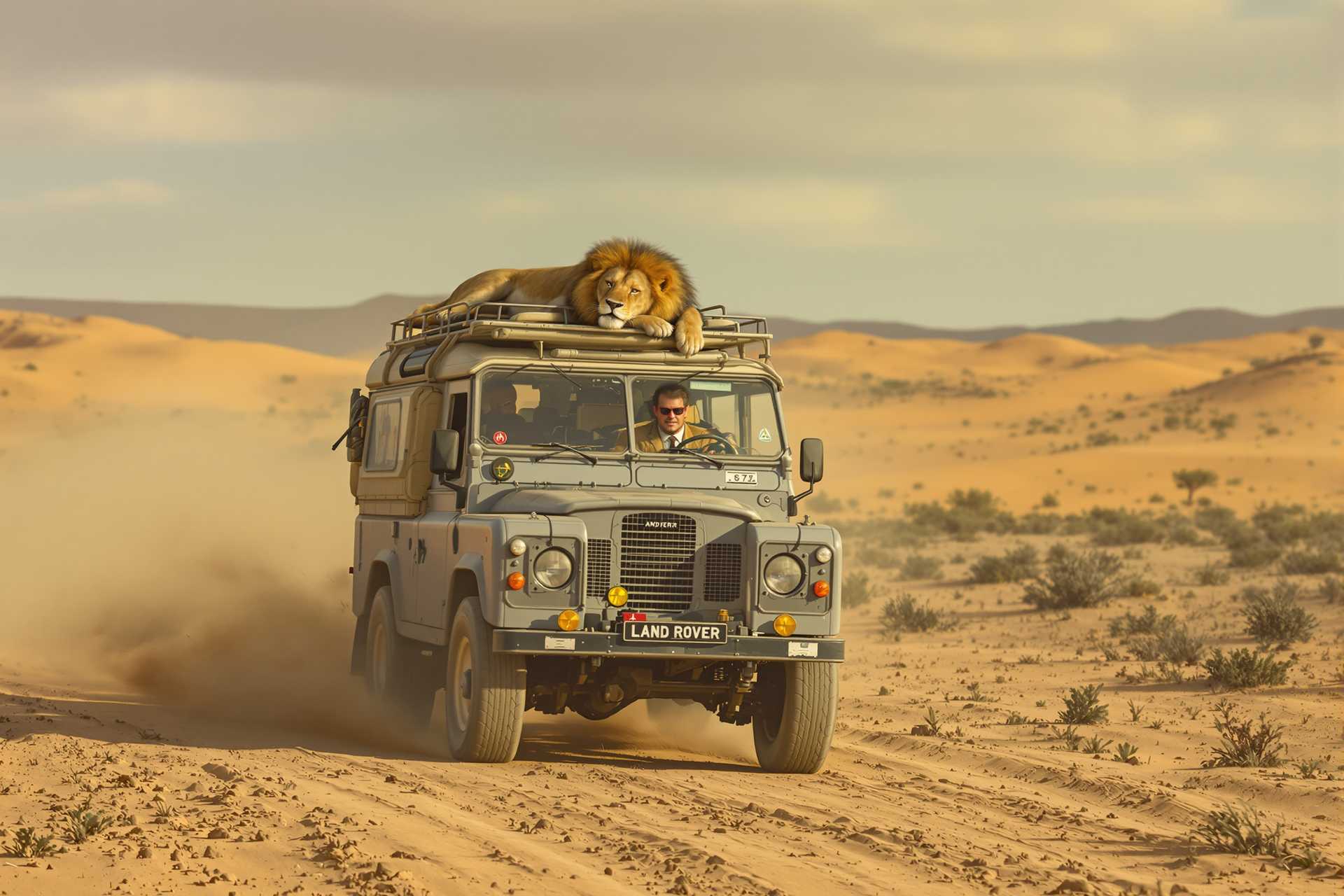 A Land Rover with an eccentric driver rolls on a track in a desert landscape. A maned lion is lying on the roof of the vehicle. Ultra-realistic