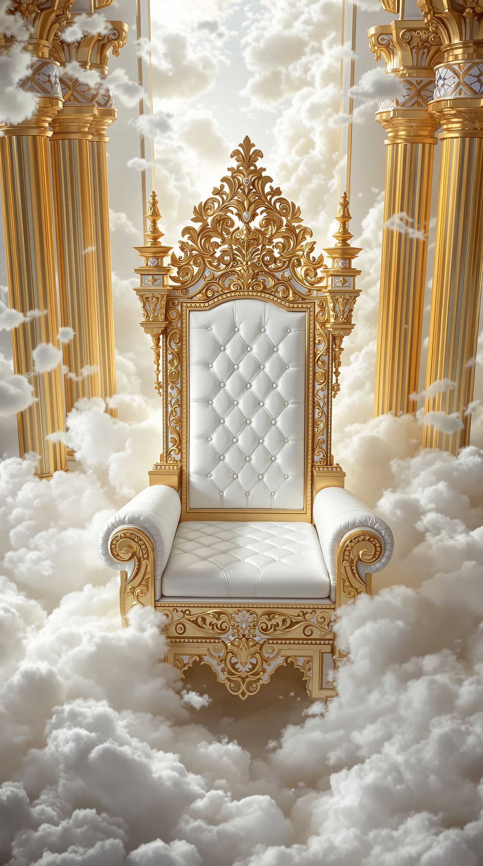 A majestic throne made of gold and white leather, surrounded by floating clouds in the ethereal atmosphere of heaven's palace, with golden pillars and soft light filtering through. The scene is captured from an overhead perspective, showcasing intricate details on both the armchair and the surrounding environment.

