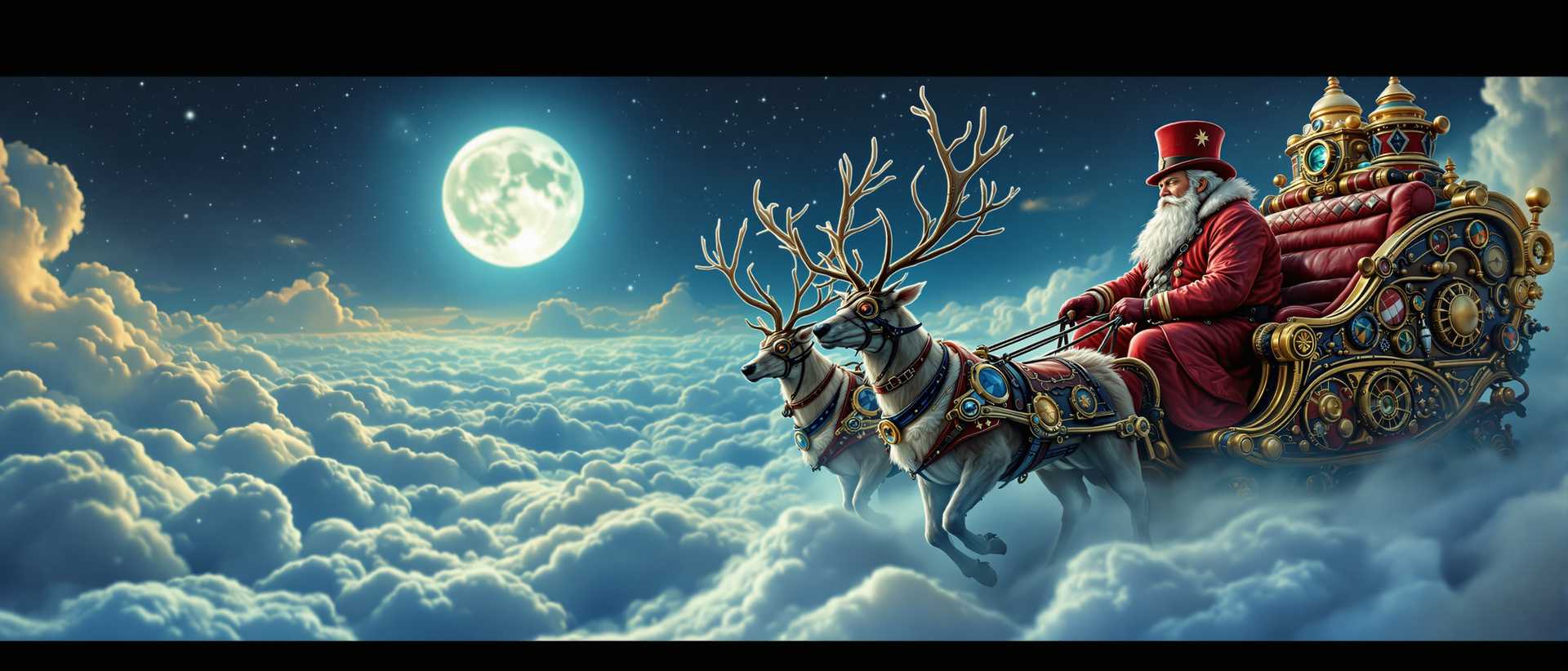 Steampunk Santa wearing red embossed leather and a top hat. The reindeer are pulling an ornate Steampunk sleigh through a sea of clouds under a full moon.