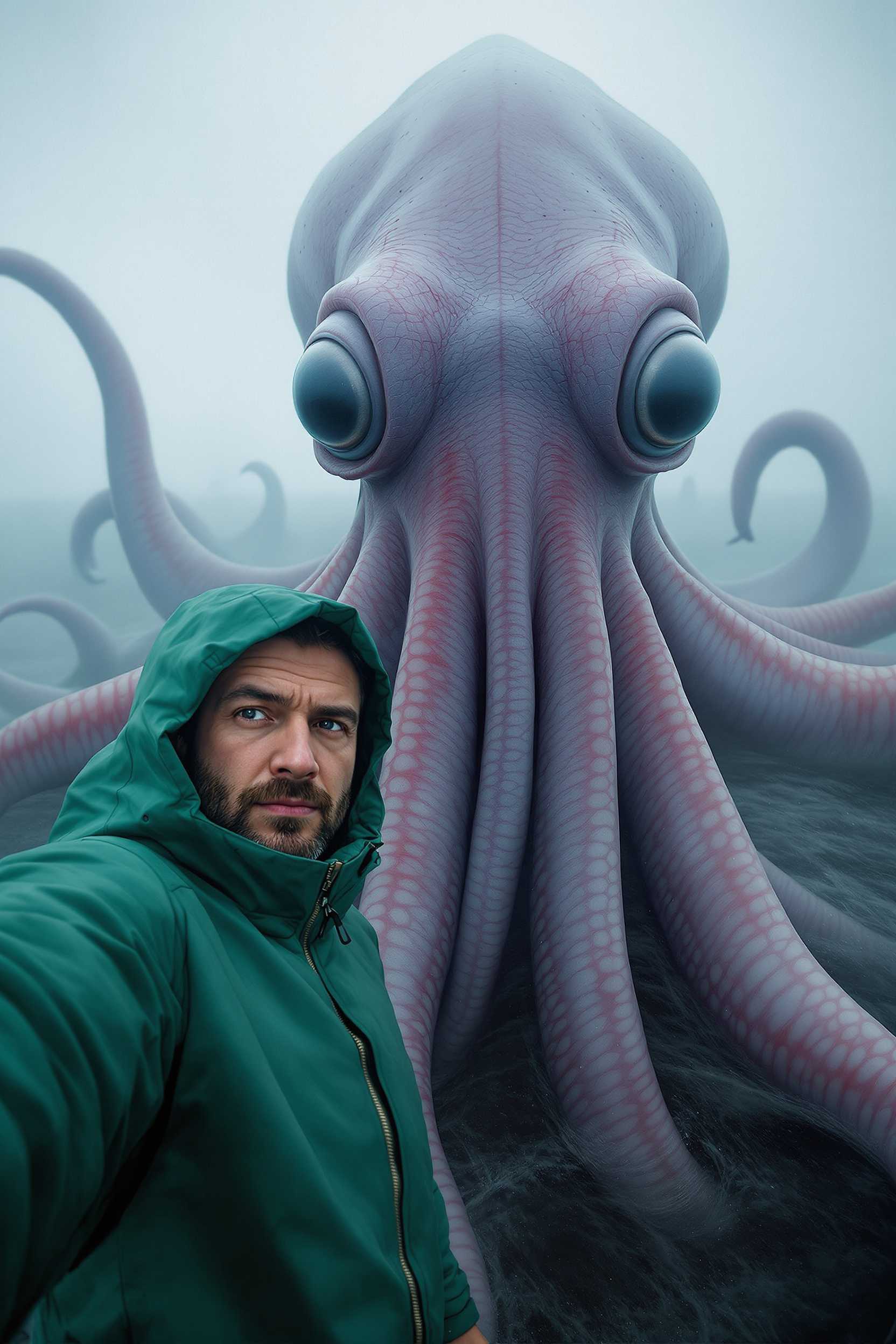 A huge, otherworldly squid with its tentacles curled and a large, menacing beak in view looms close to a fisherman in a green raincoat who captures a fearless selfie. The squid’s smooth, glistening skin and large, glossy eyes give it an alien appearance, while the misty, fog-drenched seascape heightens the eerie contrast between man and monster