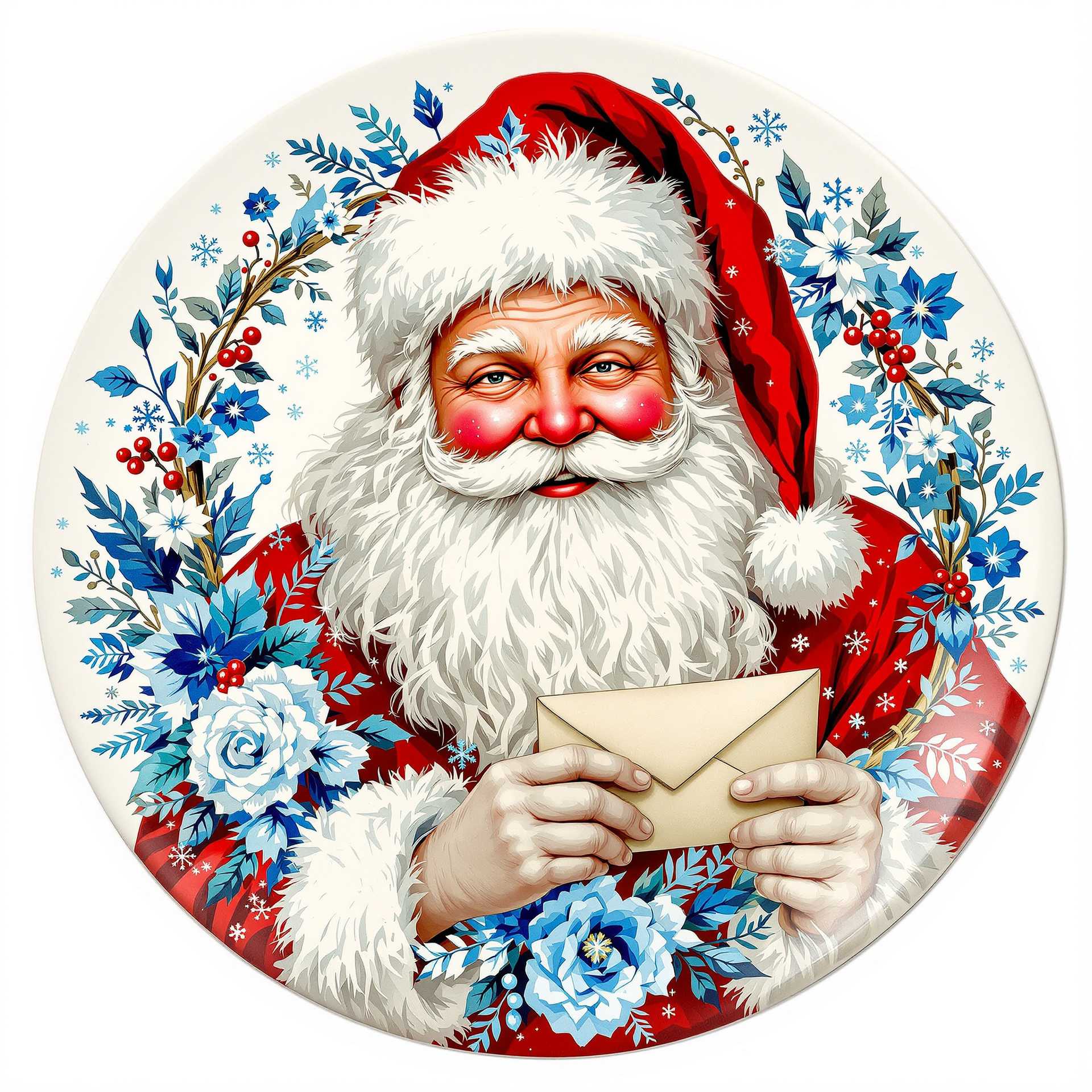 Sweat on his face, the smiling Santa Claus holds an envelope in his hand, with a blue and silver winter floral wreath around him. Intricate details, in the style of Hanz Zatzka. A round-shaped Christmas plate with a white background, featuring a winter theme with snowflakes and winter florals in the style of Lilly Pulitzer, with a vintage look and an old-world feel. Very detailed and high resolution.
