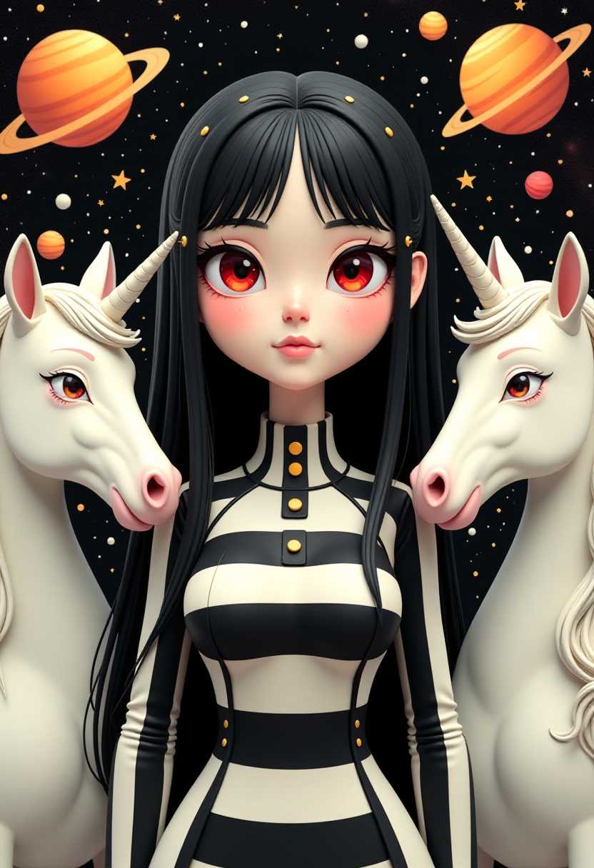 Stylish Anime Character with Unicorns and Space Background